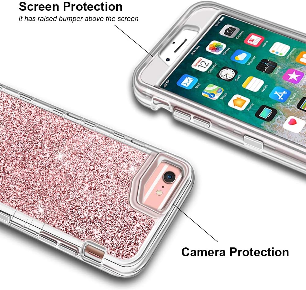 Anuck Case for iPhone 6S Case, for iPhone 6 Case (4.7 inch), Crystal Clear 3 in 1 Heavy Duty Defender Case Shockproof Full-Body Protective Case Hard PC Shell Soft TPU Bumper Cover - Rose Gold Glitter