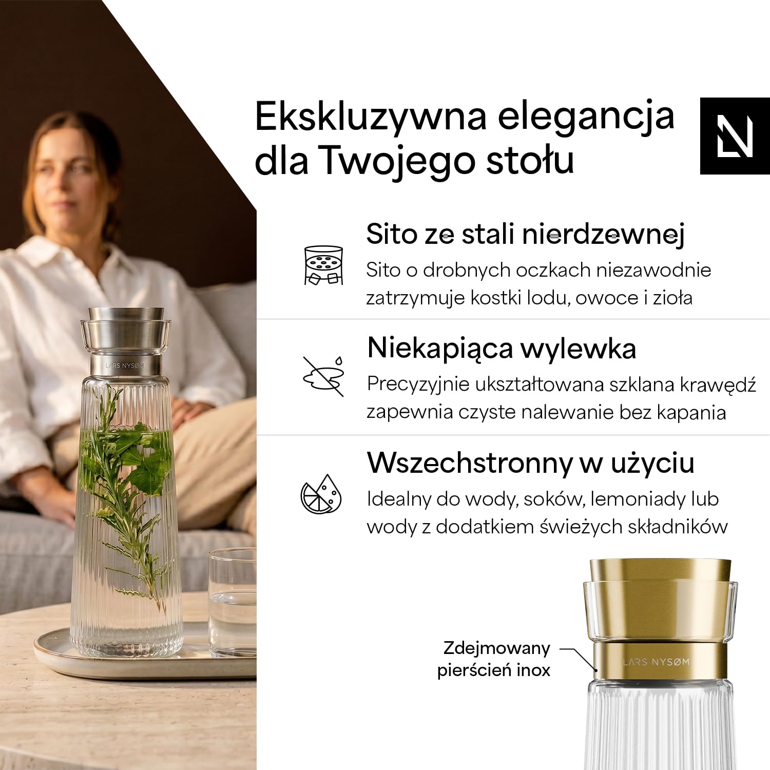 LARS NYSØM Karafka na Wodę 1l z Pokrywką ze Stali Nierdzewnej z Wbudowanym Sitem | Elegancka Szklana Karafka do Soku, Lemoniady | Dzbanek do Codziennego Użytku (Pure/Gold, 1000ml)