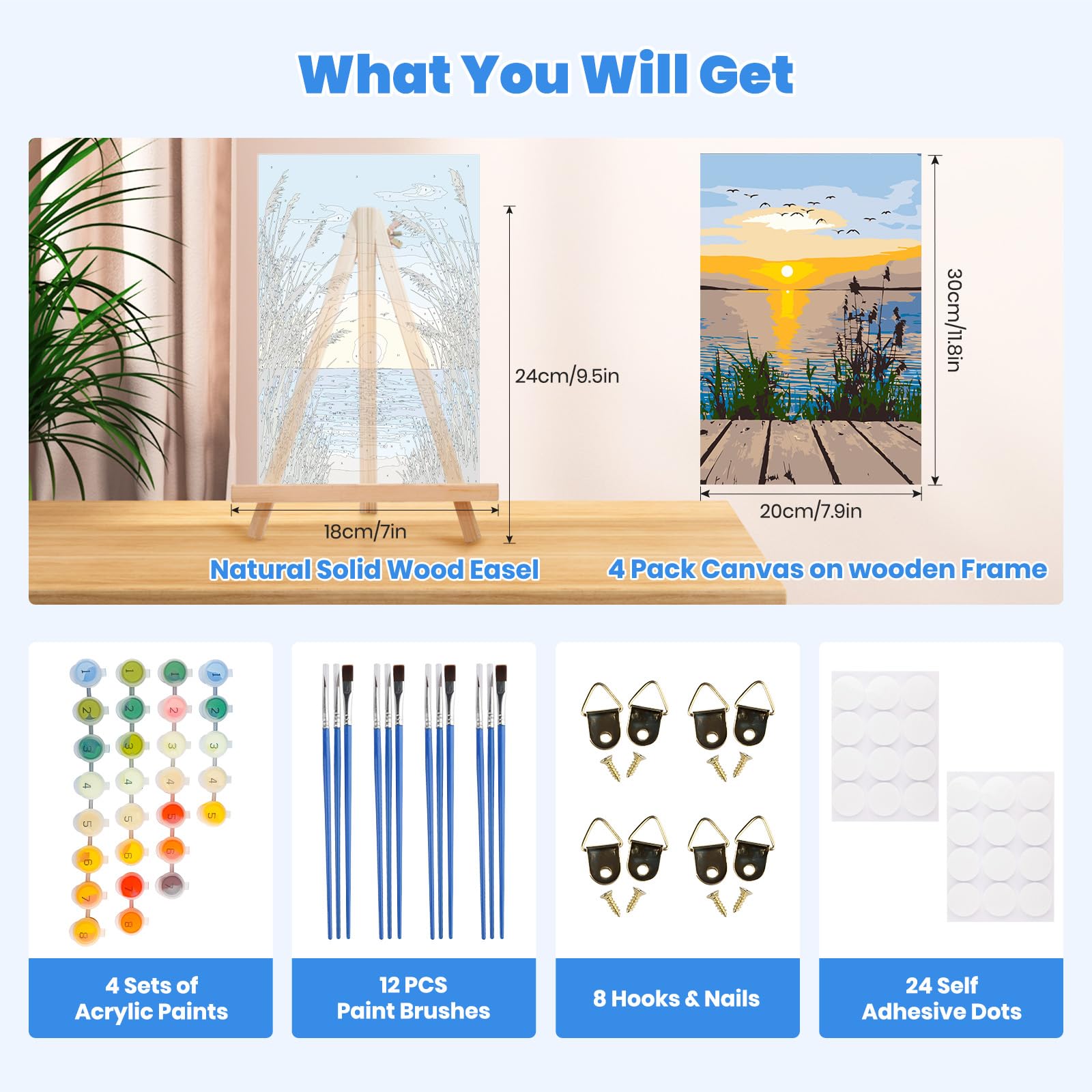 4 Pack Paint by Numbers Kits for Adults Beginners with Framed Canvas&Easel, DIY Adult Paint by Number Kit Oil Acrylic, Sunset Seascapes Landscapes Painting Kits, Arts and Crafts for Home Decor 8x12in