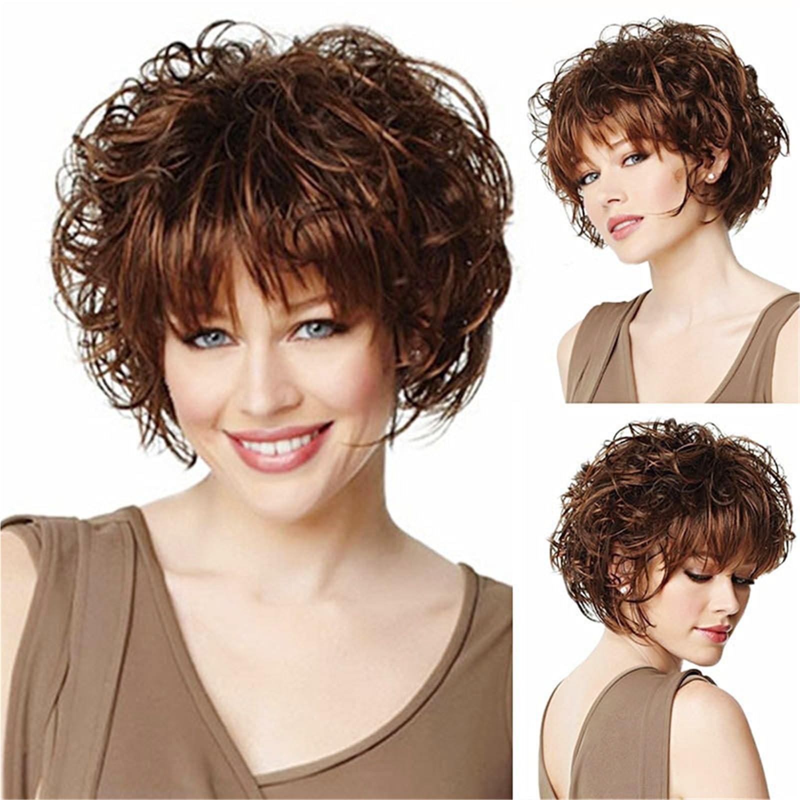 ZTHYSHOZ Women's Wig Fluffy Short Curly Hair Dark Brown Women's Wig Cover