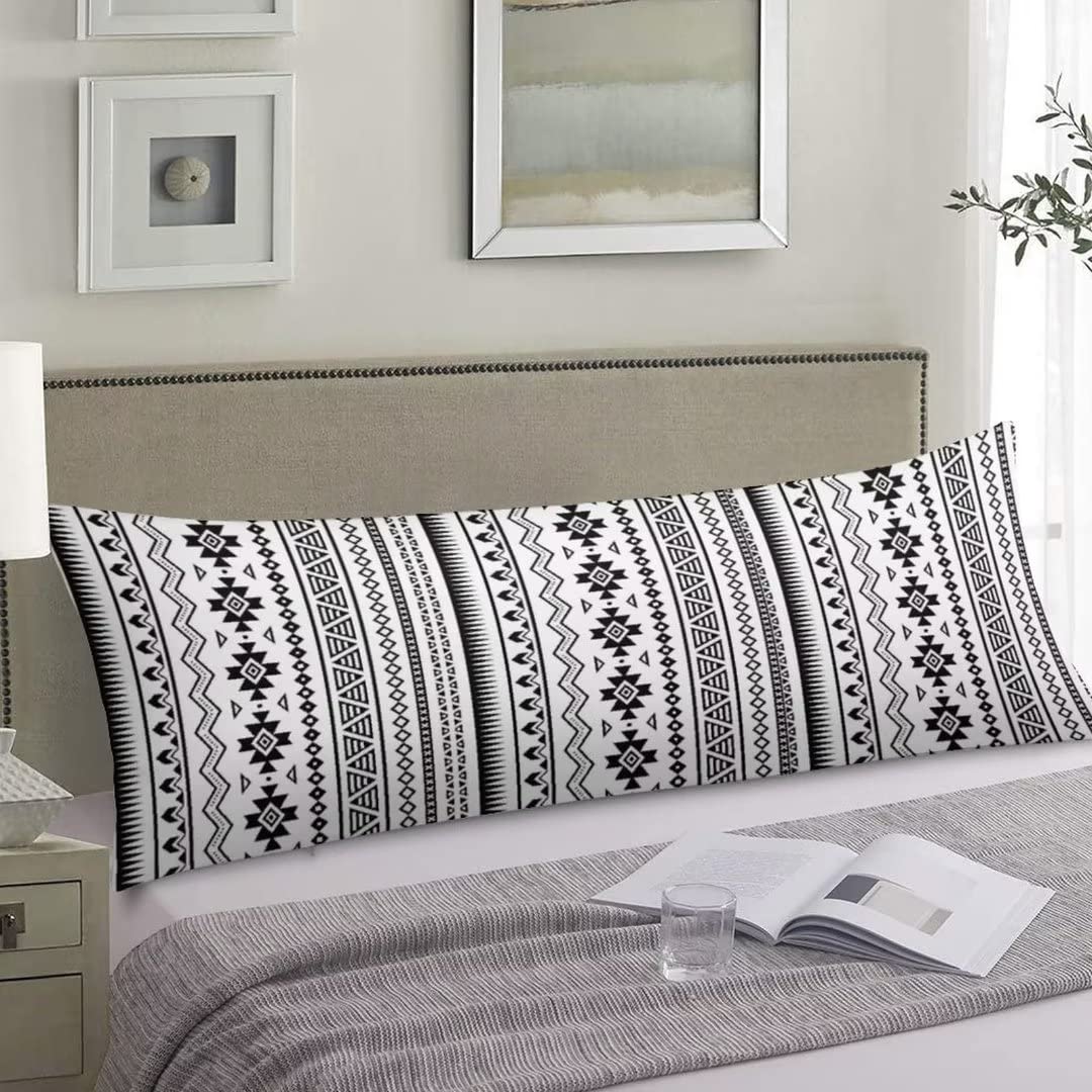 Aztec Body Pillow Cover Tribal Southwestern Abstract Black White Geometric Boho Native American Navajo Ethnic Vintage Long Pillowcase with Zipper