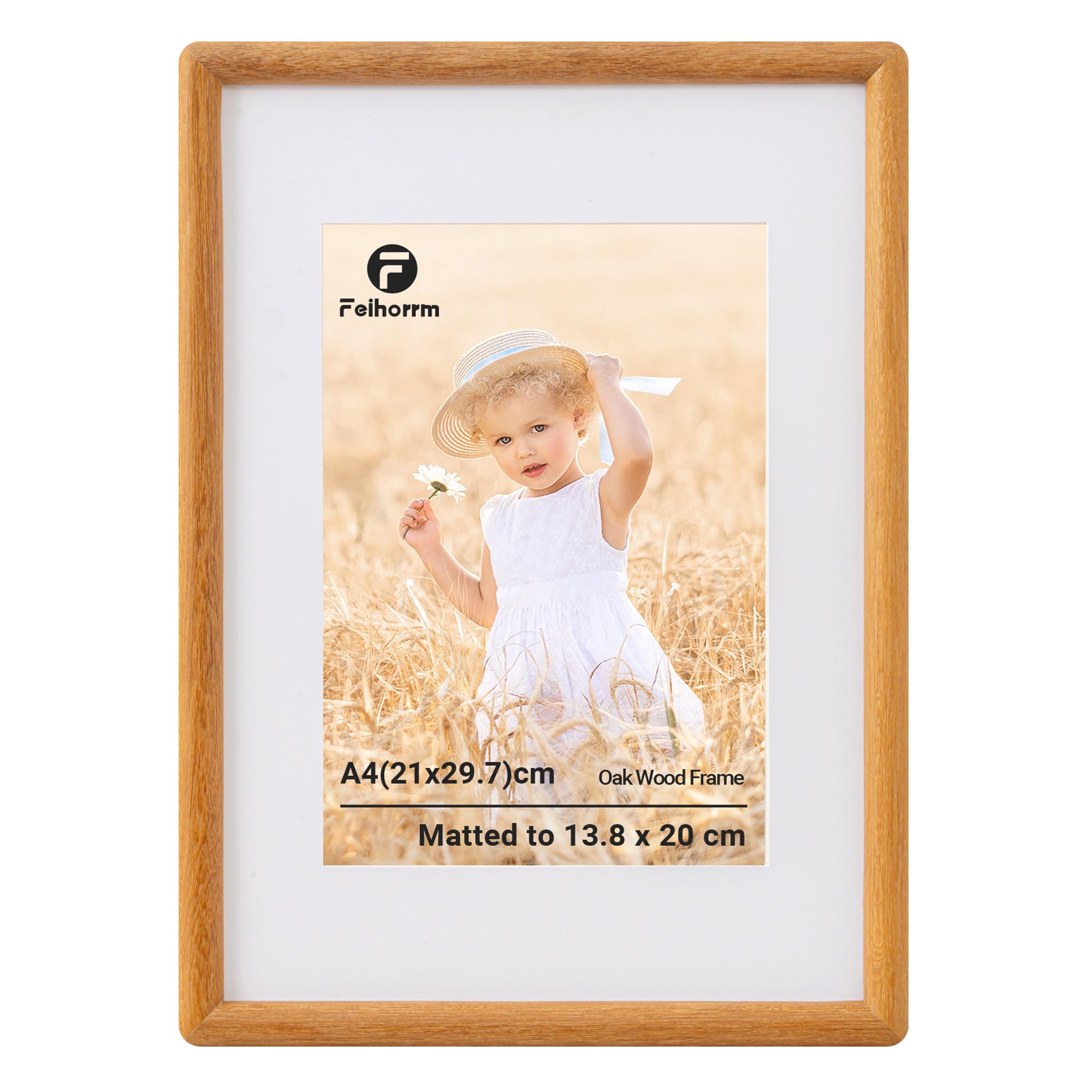 Feihorrm A4 Frame, Teak Solid Wood Picture Frame, A4(21x29.7 cm) Photo Frame Matted to 13.8x20 cm Photos, Handcrafted Rounded Corners with HD Tempered Glass, Tabletop & Wall Mount Display