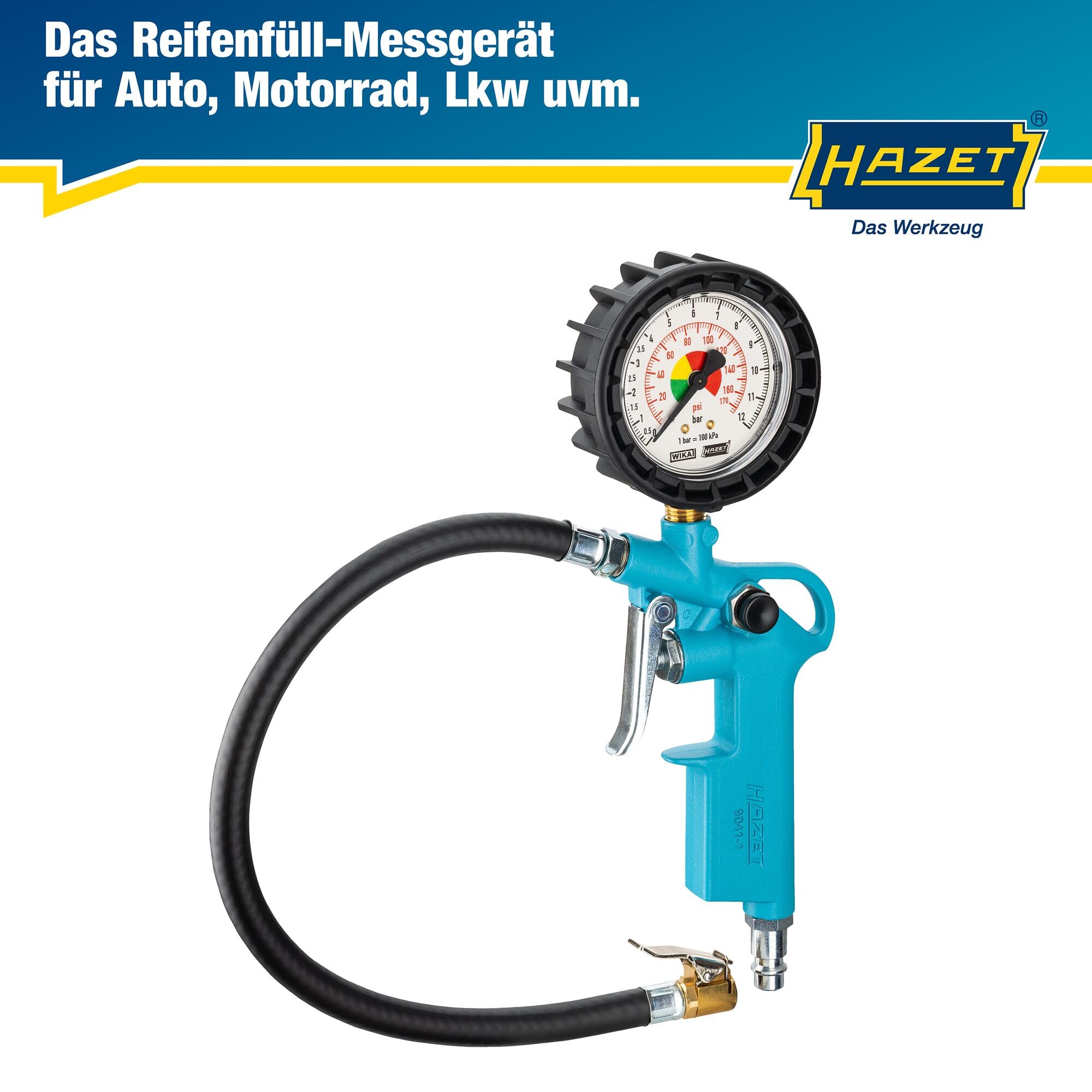 HAZET Reifenfüll-Messgerät 9041-1 I Manometer-Messbereich: 0-12 bar, Schlauchlänge: 400 mm, Manometer-Durchmesser: 63 mm I Reifendruck-Prüfer für Auto, Motorrad, Lkw uvm.