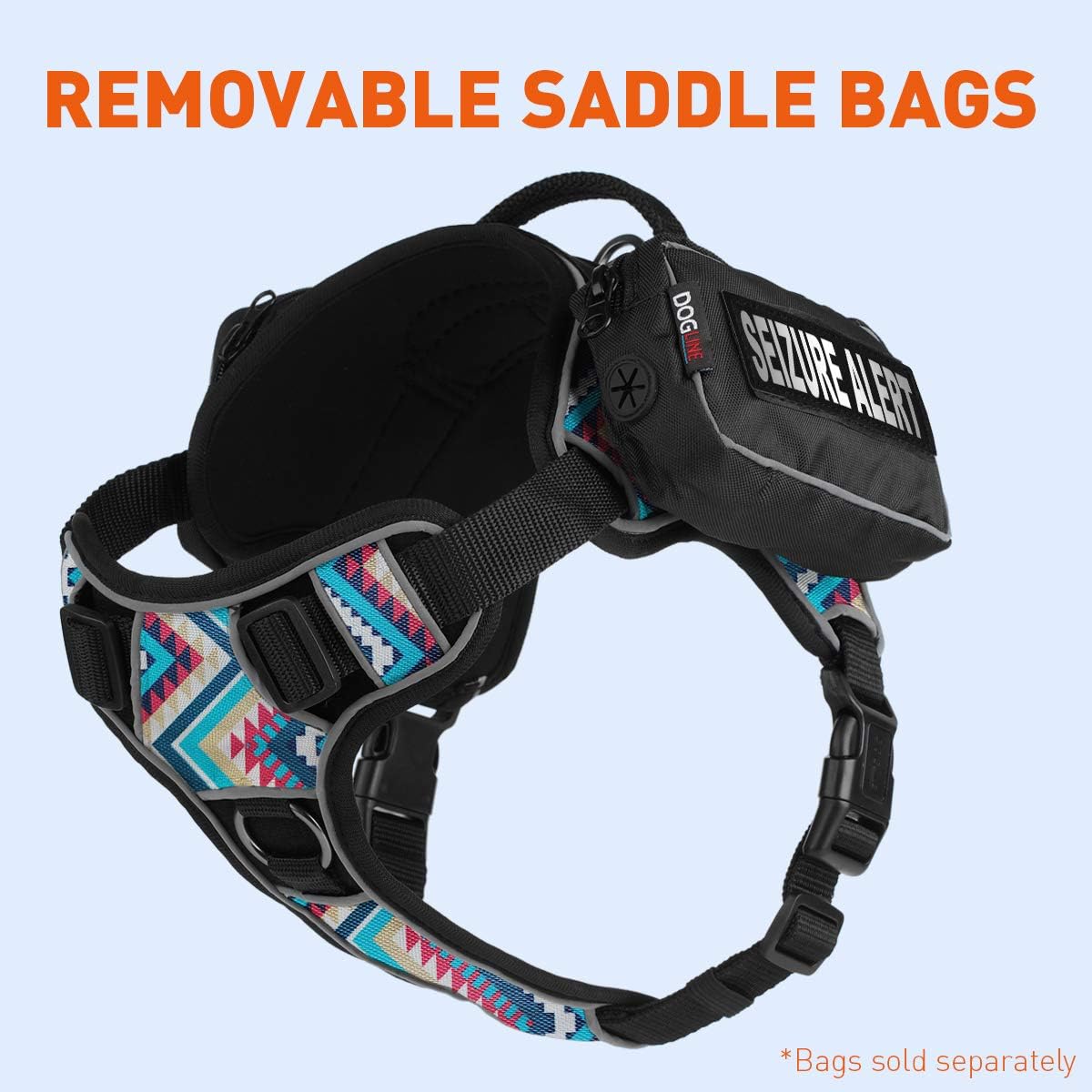 Dogline Quest No-Pull Dog Harness with Seizure Alert Reflective Removable Patches Reflective Soft Comfortable Dog Vest with Quick Release Dual Buckles Black Hardware and Handle 18 to 22 inches Aztec