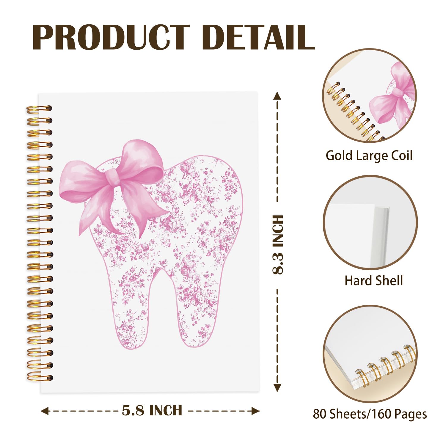 Dentist Gifts Pink Spiral Notebook Journal Dentist Dental Gifts for Women Notebooks for Note Taking Coquette Bow Chinoiserie — view 2