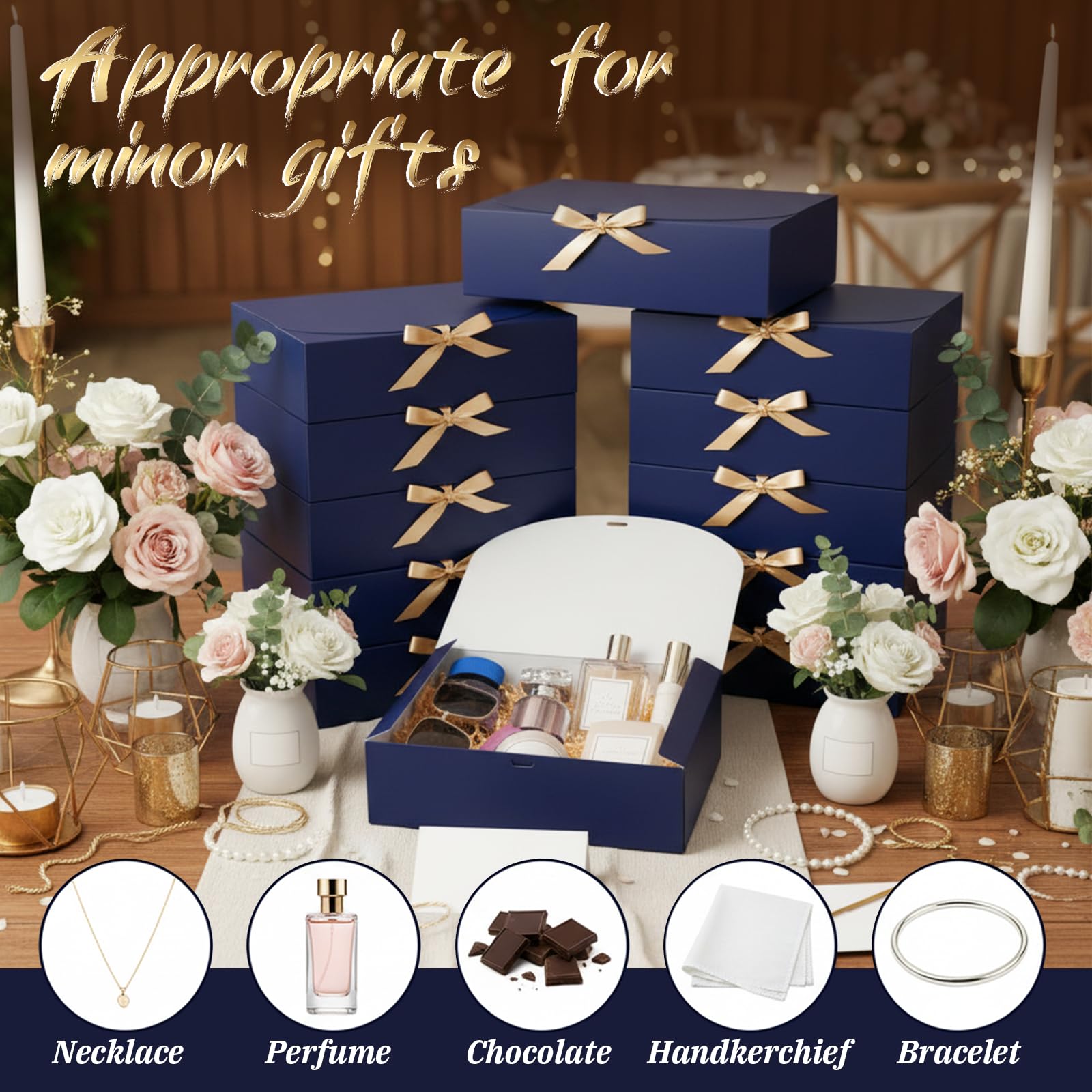 Yuanan 16 Pack Gift Box with Lid, 10.6×8×3 Inch Blue Gift Box Bulk Kraft Paper Unfold Bridesmaid Boxes with Gold Ribbon Boxes for Presents Square for Birthdays, Weddings, Graduation and Holidays