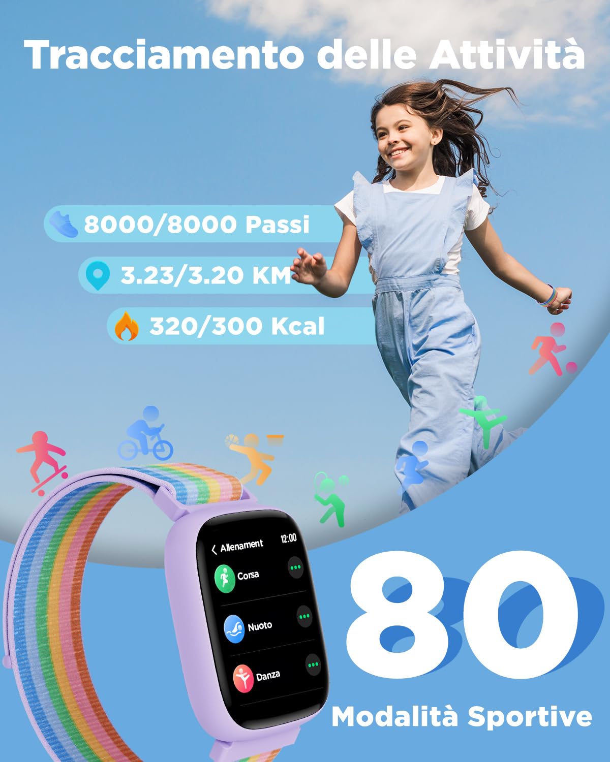 BIGGERFIVE Smartwatch Bambini Bambina Ado 5-16, 1,8" Fitness Tracker | Orologio Contapassi, Frequenza Cardiaca, Resistente all'Acqua IP68, Monitor del Sonno, Giochi Puzzle con/senza APP, Nylon