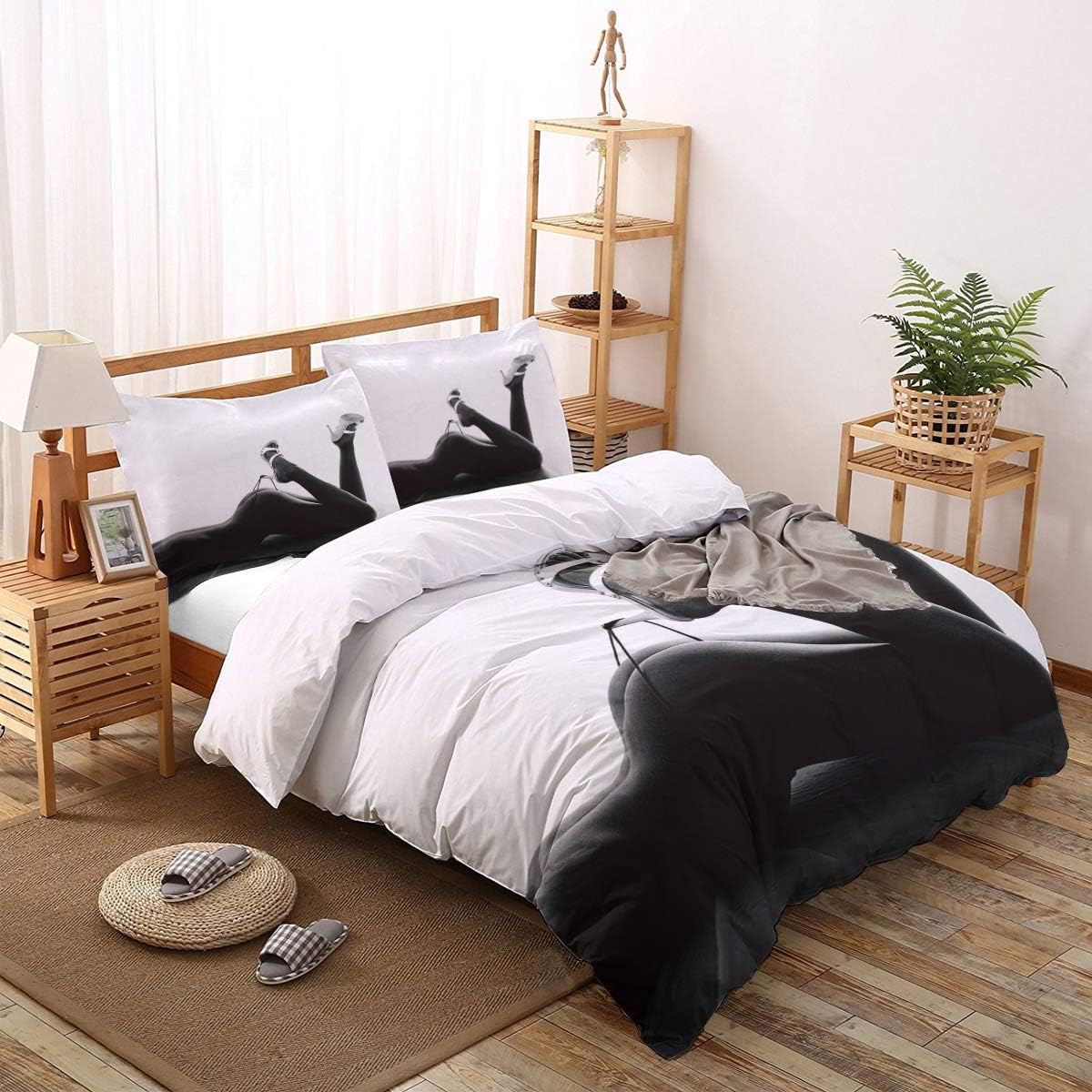 🔥 Cаѕhbасk uр tо 70% Luxury 4 Piece Bedding Set California King, Black White Portrait Nude Naked Girl with High Heel Duvet/Comforter/Quilt Cover Set with Bed Sheet Pillow Shams for Kids/Teens/Adults/School