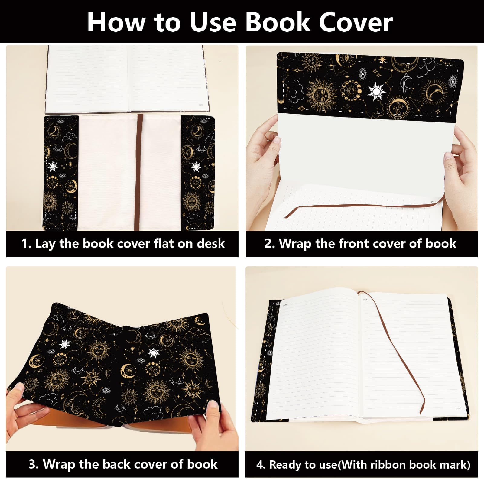 CRASPIRE A5 Book Sleeve Covers Book Sleeve Reusable for Paperback Hardcover 12.4x8.8Inch Book Protector Sun Moon Stars Book Sox Textbook Jackets for School Supplies Label Strap - Image 3