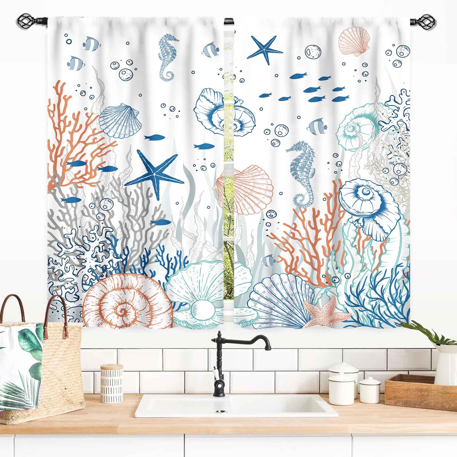 Coastal Curtains, Beach Theme Nautical Sea Turtle Starfish Seashell Seahorse Blackout Drapes for Bedroom Living Room Kids Room Bathroom Kitchen Window Treatments 2 Panel Sets, 55x39 Inch