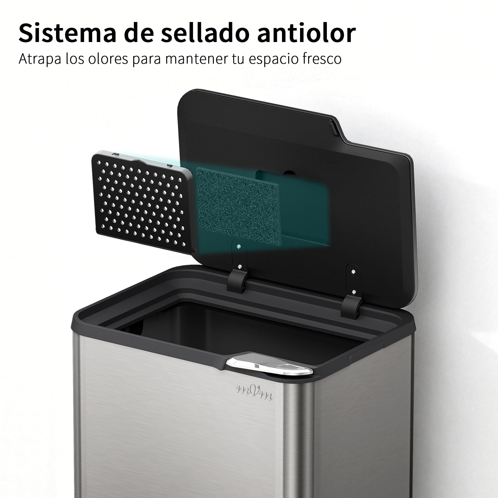 mVm Cubo de Basura con Presión Manual 50L, Acero Inoxidable Antihuellas con Soporte Desmontable, Tapa Amortiguada y Cubo Interior Extraíble