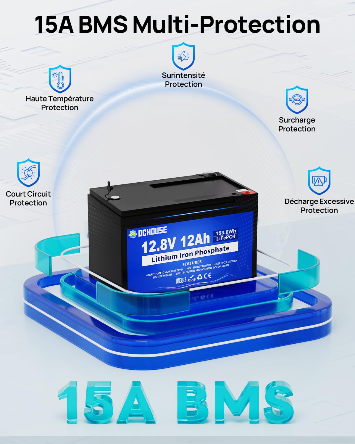 DCHOUSE Batterie au Lithium 12V 12Ah Lifepo4, Connecteur Câbles et Port CC | Batterie Lifepo4 Rechargeable de Plus de 4000 Cycles avec BMS 15A pour Bateau, Jouet à Enfourcher