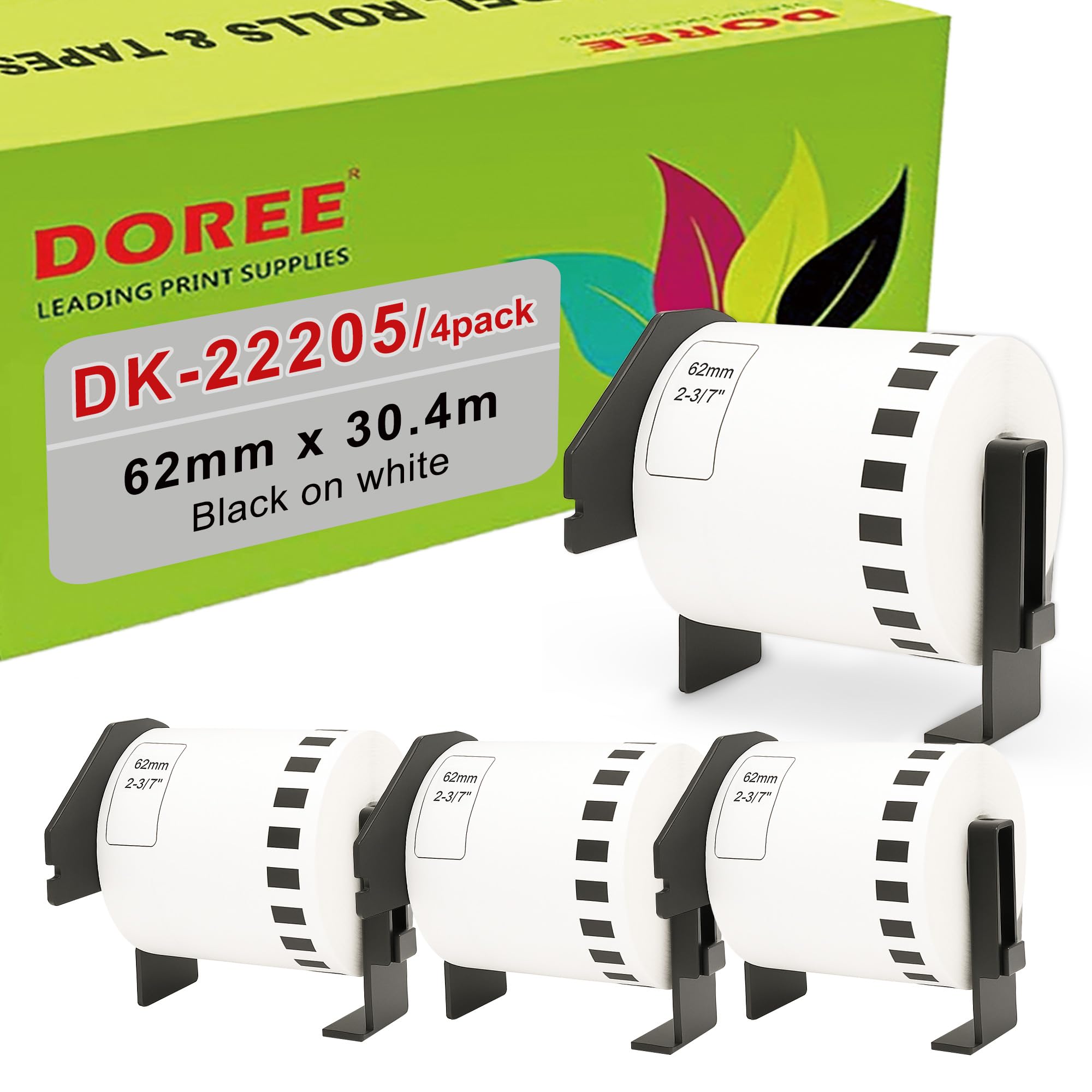 DOREE 4 Rotoli DK-22205 Etichette Continue, Compatibili con Brother DK-22205, 62, mm x 30,48m Rotolo etichette, Per Stampante etichette Brother QL-500,QL-550,QL-570,QL-700,QL-800,QL-1050,QL-1100