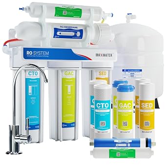 Max Water 100 GPD Reverse Osmosis Water Filtration System - 5 Stage RO System with NSF Certified Tank, Faucet and 4 Extra Filters - Under-Sink/Wall Mount System - Model RO-5W2
