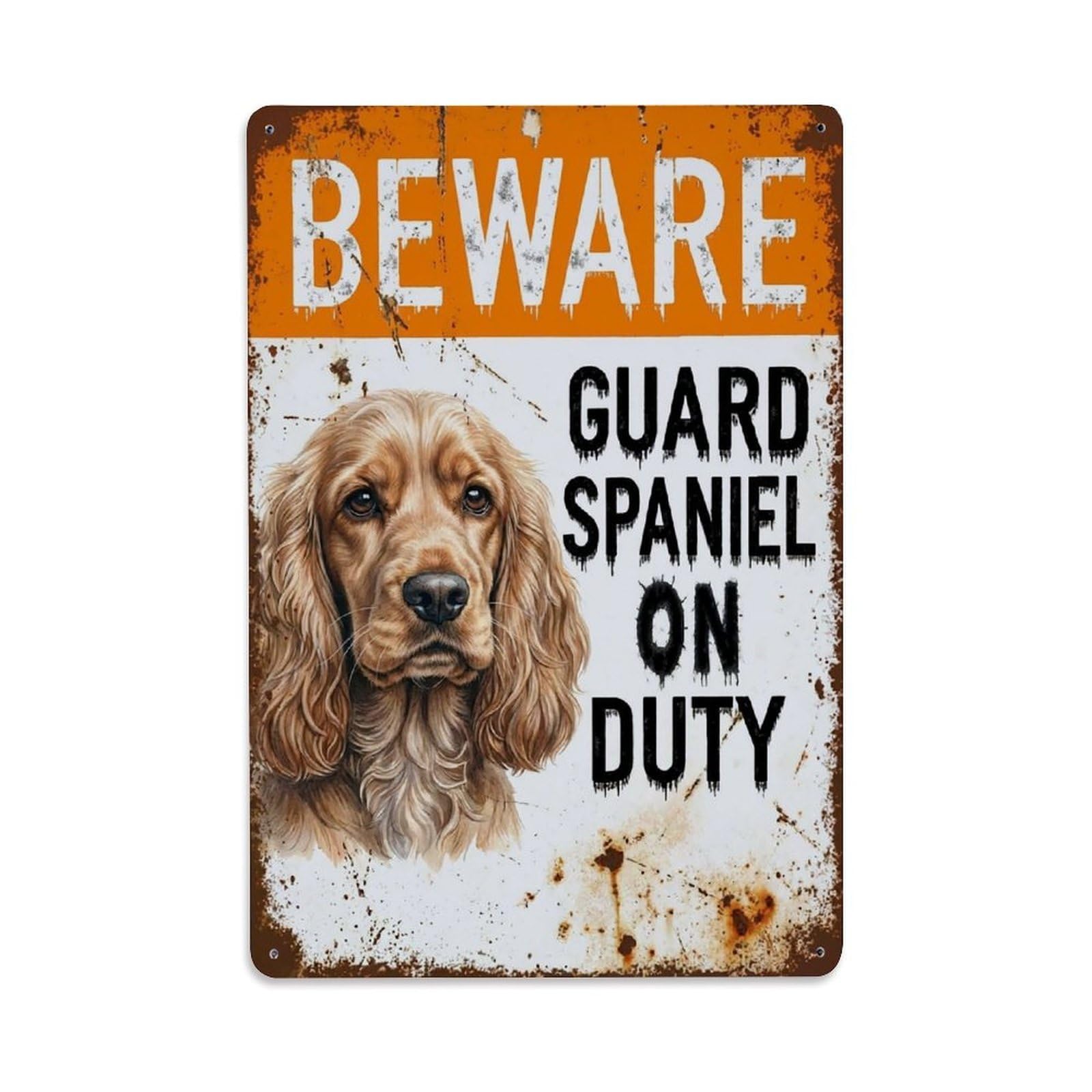 Vintage Funny Spaniel Guard Beware of Dog Stoop Metal Tin Sign Plaque Wall Decor for Cafe, Club Bar, Office, Garden Metal Poster 8x12Inch
