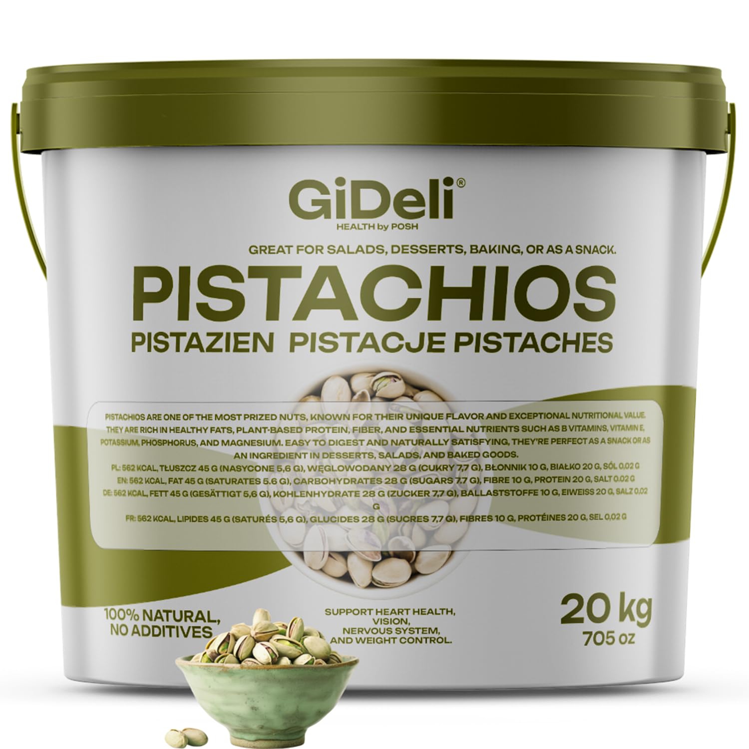GiDeli Pistazien geröstet und gesalzen 20 kg im Eimer mit Schale herzhafter Snack ideal für Aperitifs und Partys