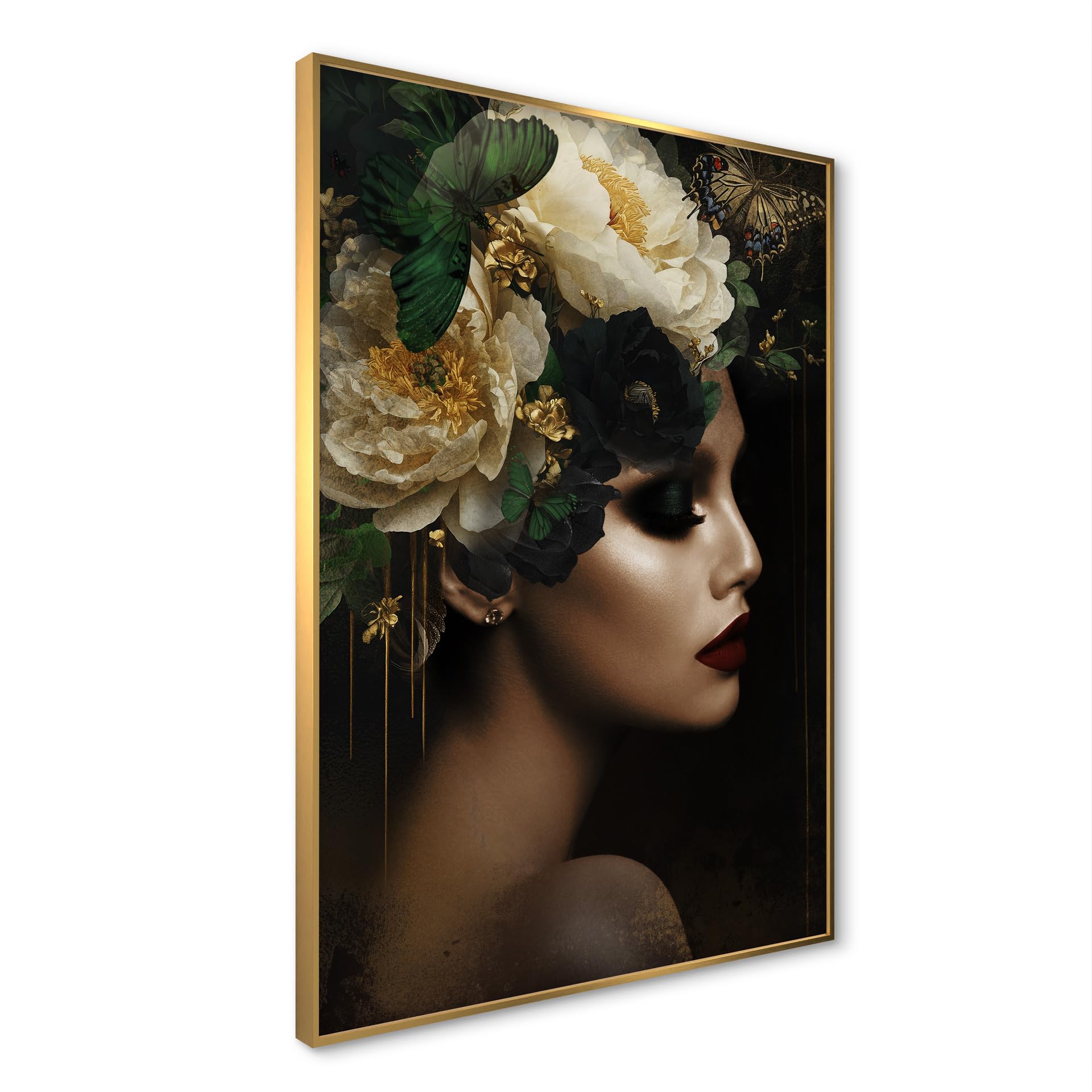 STYLER Bild Charlotte 50x70 cm (AUFHÄNGFERTIG) mit hochwertigem goldenen Rahmen – Frau mit Blumen – Exklusives Wandbild Modern Dekorativ Hochwertig Blumenkopf