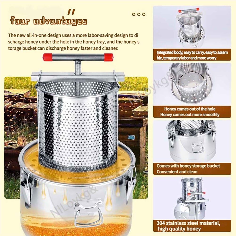 Pressa Per Api Con Secchio in Acciaio Inox, Estrattore Di Miele Automatico,Estrattore Di Cera D'api,Macchina Per Apicoltura,Pressa Per Miele Manuale Per Uso Domestico,Machine