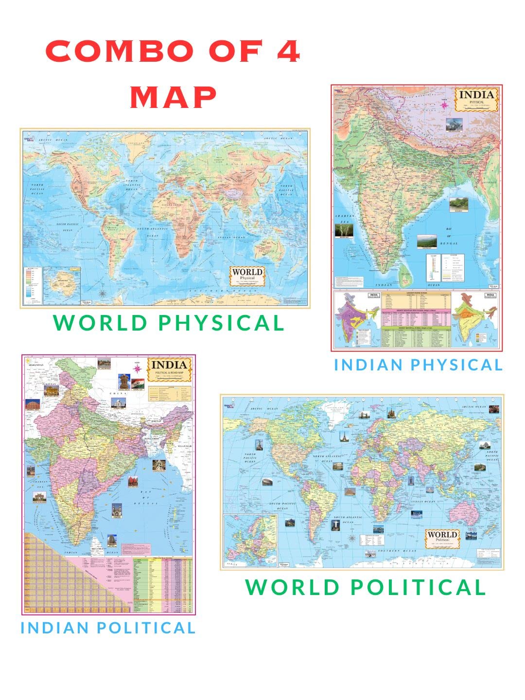 Editone International India Political, Physical & World Political, Physical Maps for Wall | Educational Map Poster for Competitive Exam Preparation UPSC, IAS, IPS, with Non-Laminated Paper Print in English Medium