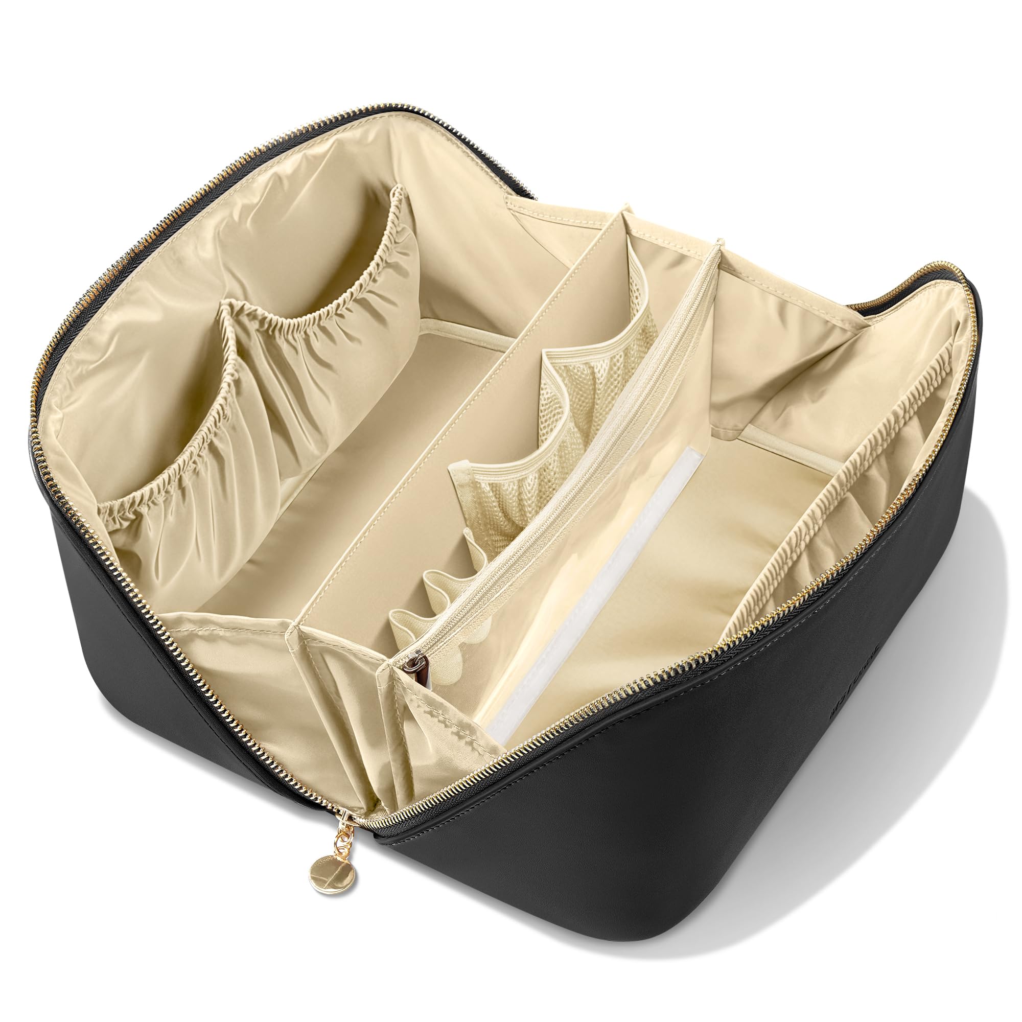 MSTONAL Travel Makeup Bag, Large Capacity Cosmetic Bags for Women, Waterproof Portable Pouch Open Flat Make up Organizer Bag with Dividers and Handle,