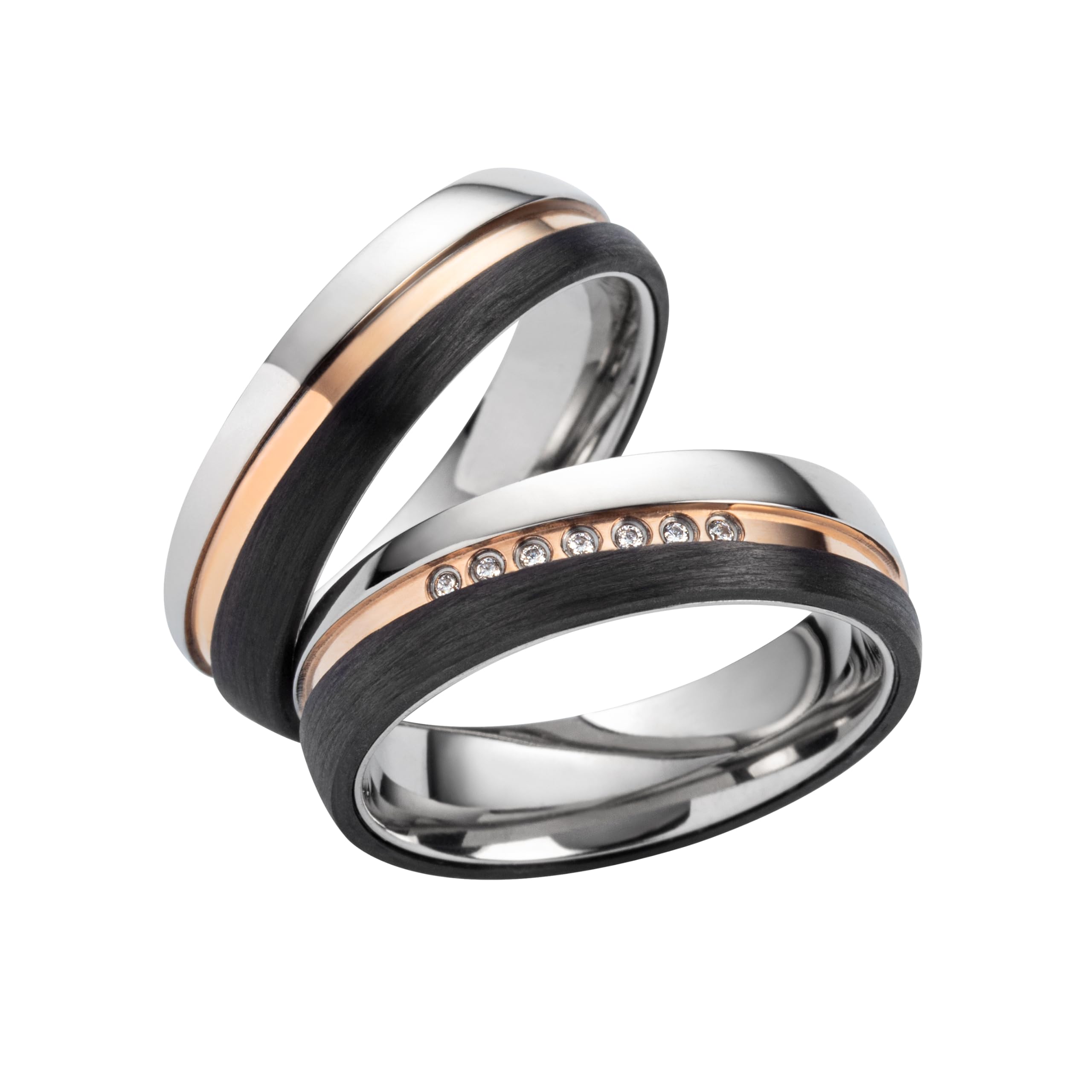 Blue Moon Diamonds Paar Partnerringe & Eheringe aus Titan Carbon – 6 mm Trauringe mit Rosé-Ionenbeschichtung & 7 Zirkonia, Hochzeitsringe Antragsringe mit Gravur im Etui | SD7016