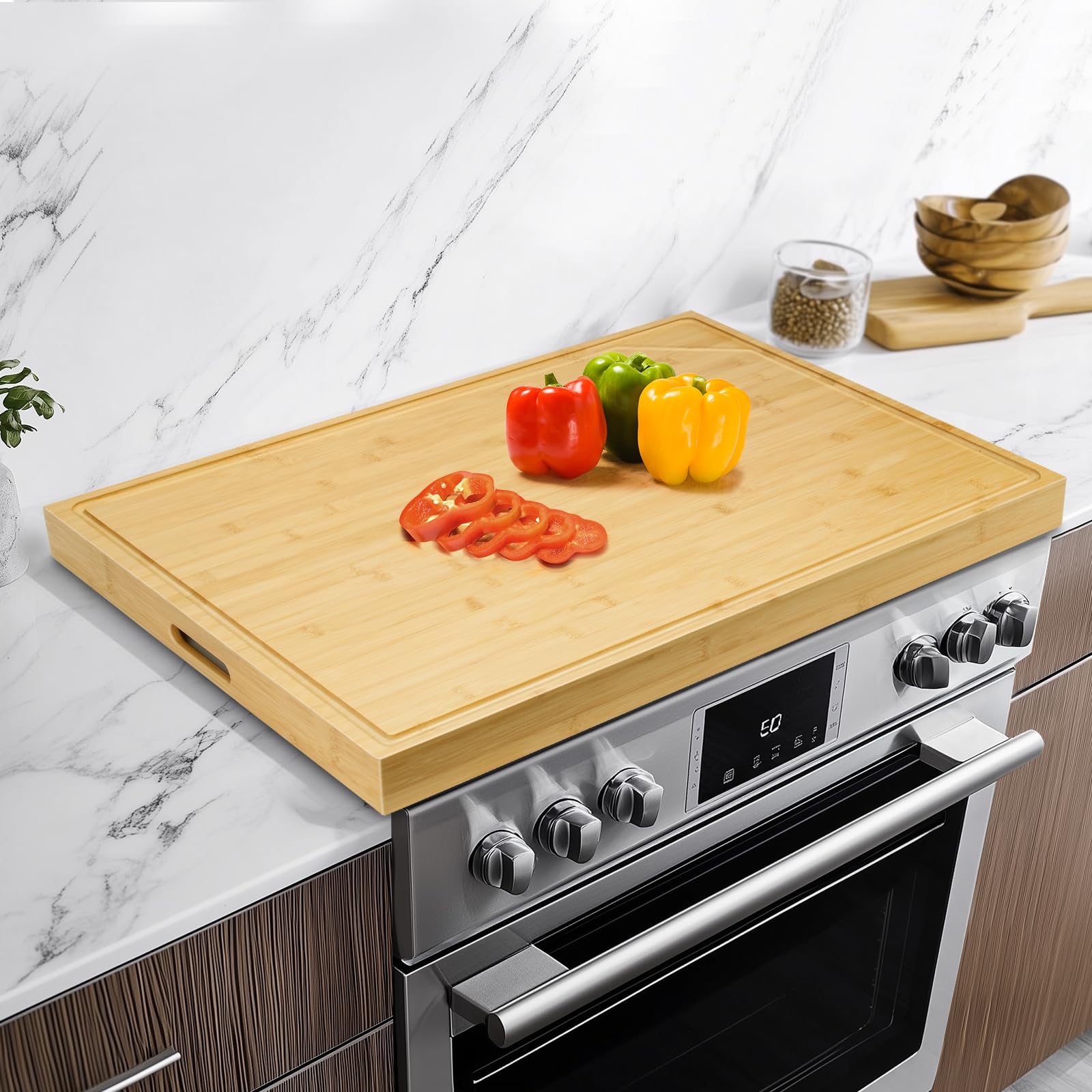 Bamboo Cutting Board Stove Cover with Handles(75x55.3x5cm), Reversible Serving Tray, Wooden Noodle Board Kitchen Sink Cover for Extra Counter Space, Gas Hob Protector for Gas/Electric Stove Burners — image 1