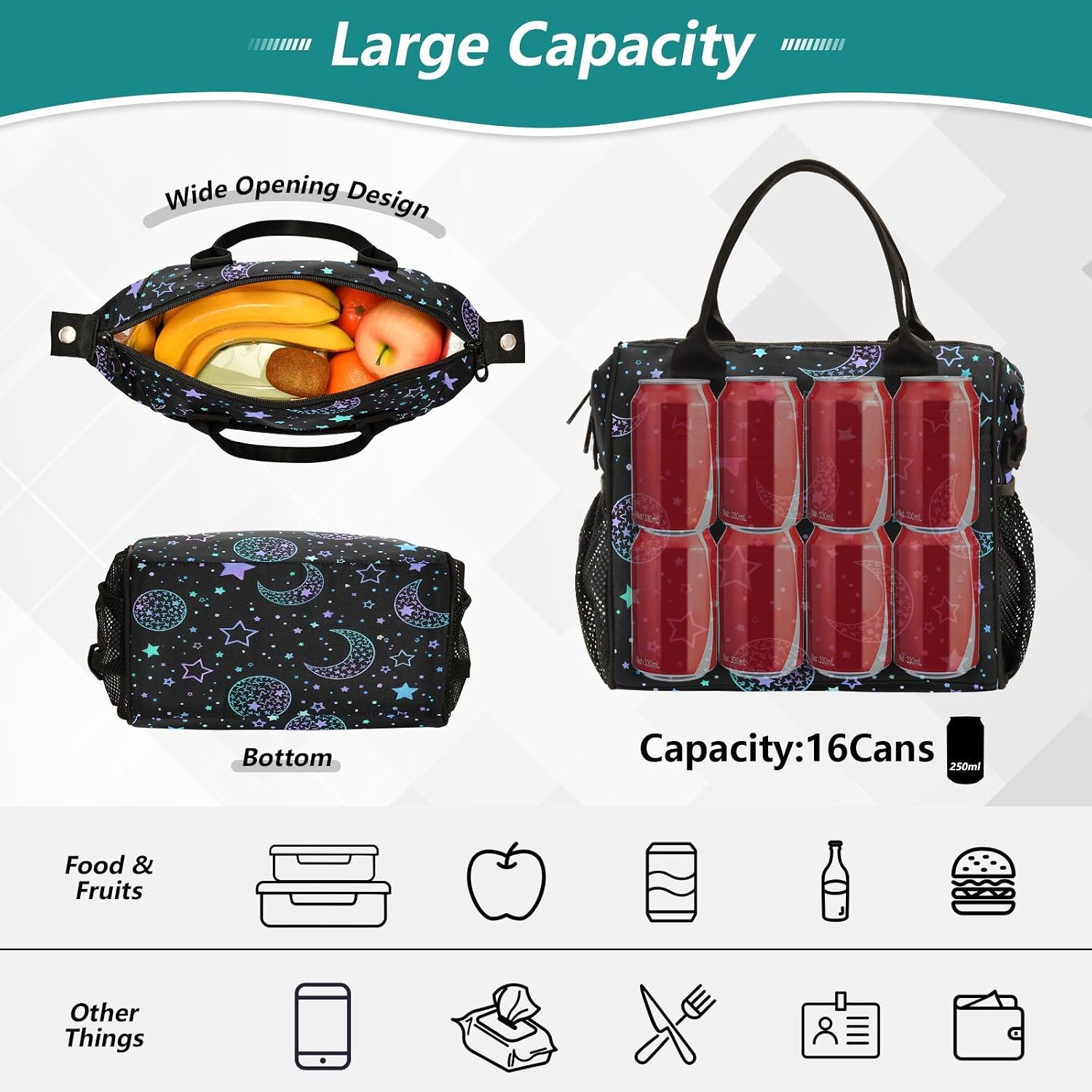 senya Lunch Bag Insulated Lunch Box Large Lunch Tote Bag Leakproof Lunch Cooler Bag Star Moon Sun for Men Women, Medium
