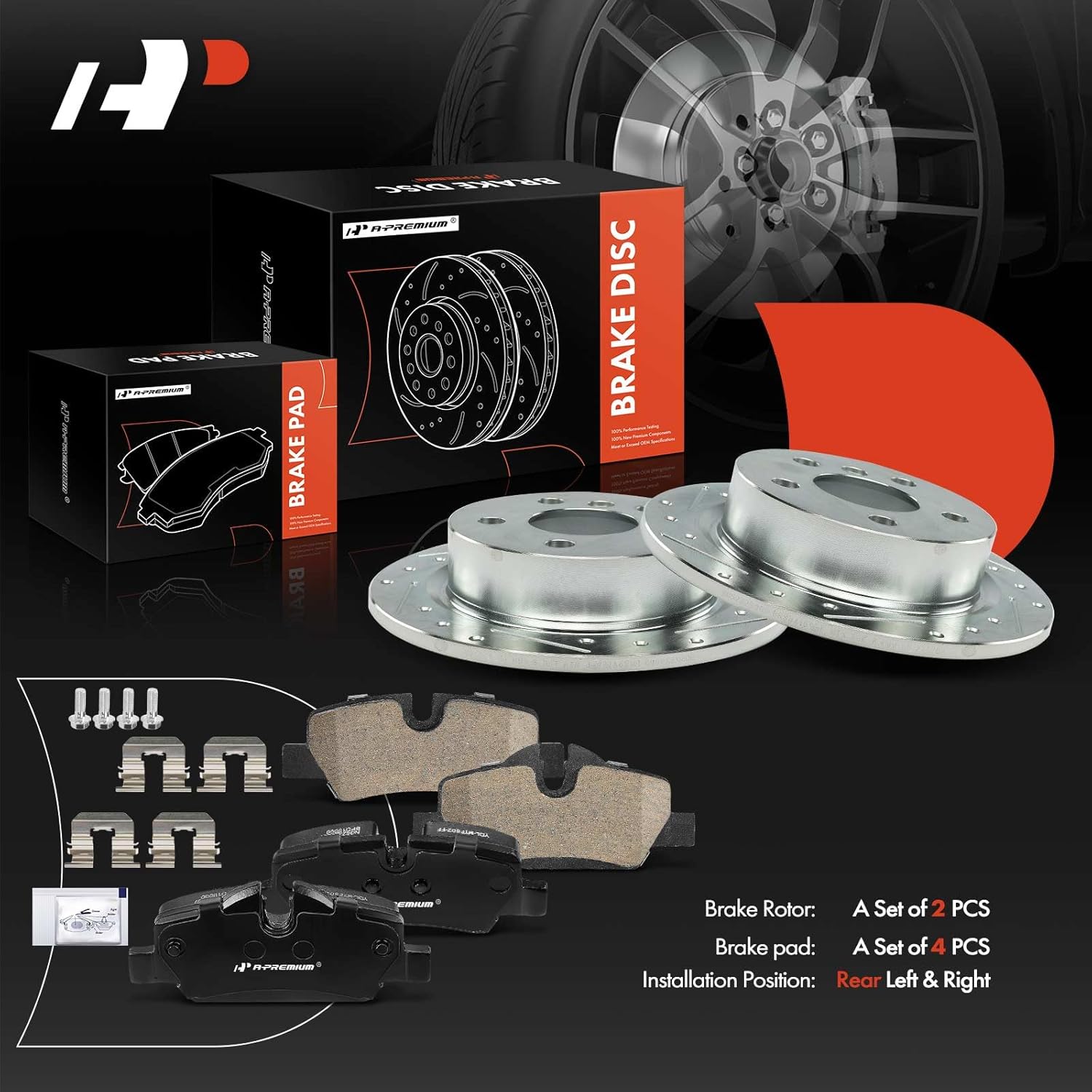 A-Premium 10.20 inch (259mm) Rear Drilled and Slotted Disc Brake Rotors + Ceramic Pads Kit Compatible with Select Mini Models - Cooper 2015 2016 2017 2018 2019, 6-PC Set