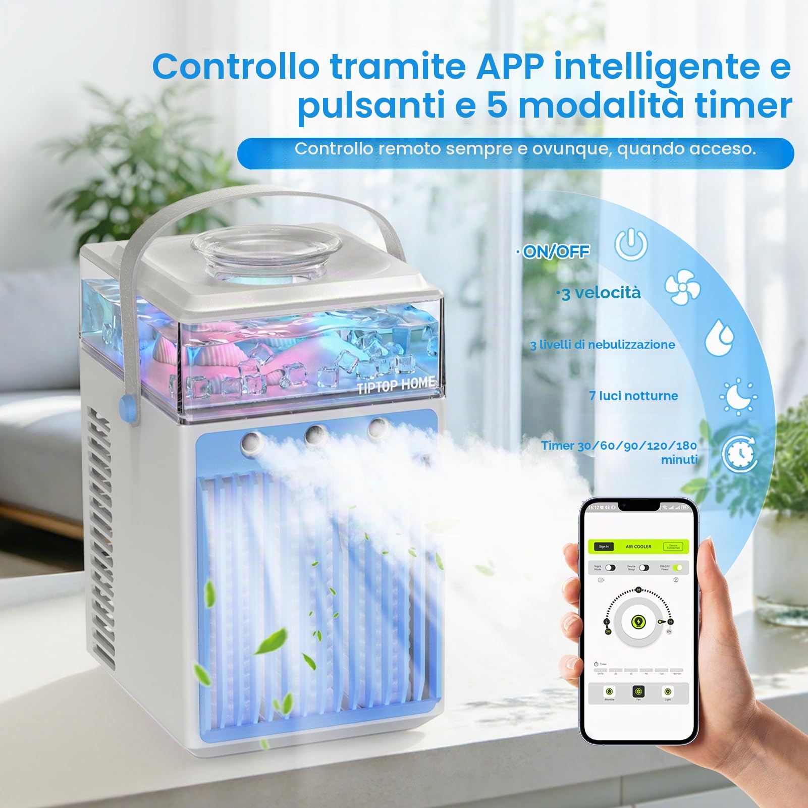 Mini Condizionatore Portatile, 5 in 1 Climatizzatore Portatile Senza Tubo con 3 Velocità, 3 Modalità di Nebulizzazione, Controllo Tramite App e Timer, Silenzioso Evaporativo Ventilatore con Ghiaccio