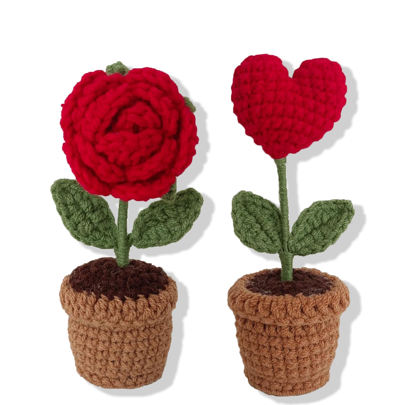 2PCS Crocheted Rose Bouquet, Red Heart Handmade Crochet, Knitted Fake Flowers, Rose Artificial Desk Flowers for Bathroom Home Kitchen Rustic Table Centerpiece Shelf Decor