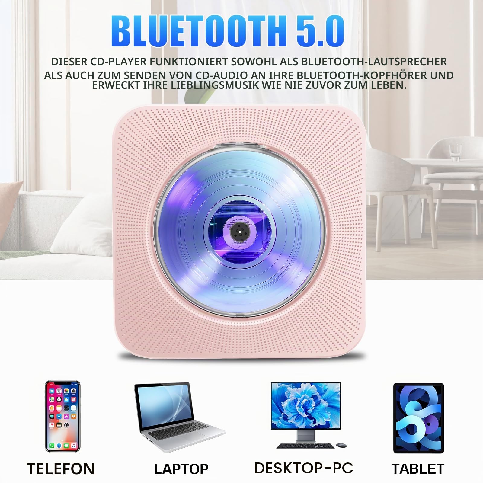 Tragbarer CD-Player mit Bluetooth, HoneTeek Desktop-Player für Heim-HiFi-Lautsprecher, CD-Musik-Fernbedienung, Timer und FM-Radio, Boombox, USB-AUX, LED-Bildschirm-Display (Rosa), (JZBA-CDBA02PK)