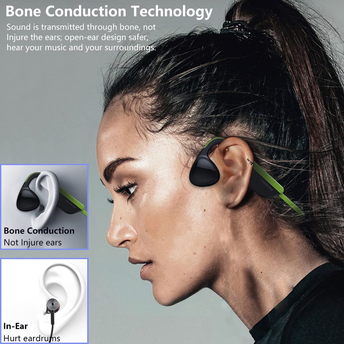 Bezprzewodowe słuchawki sportowe Bluetooth 5.0, przewodzenie kostne / otwarte douszne, bezprzewodowe słuchawki z redukcją szumów, słuchawki stereo do biegania, jazdy na rowerze, fitnessu, jazdy, wędrówek, magnetyczne ładowanie, zielone