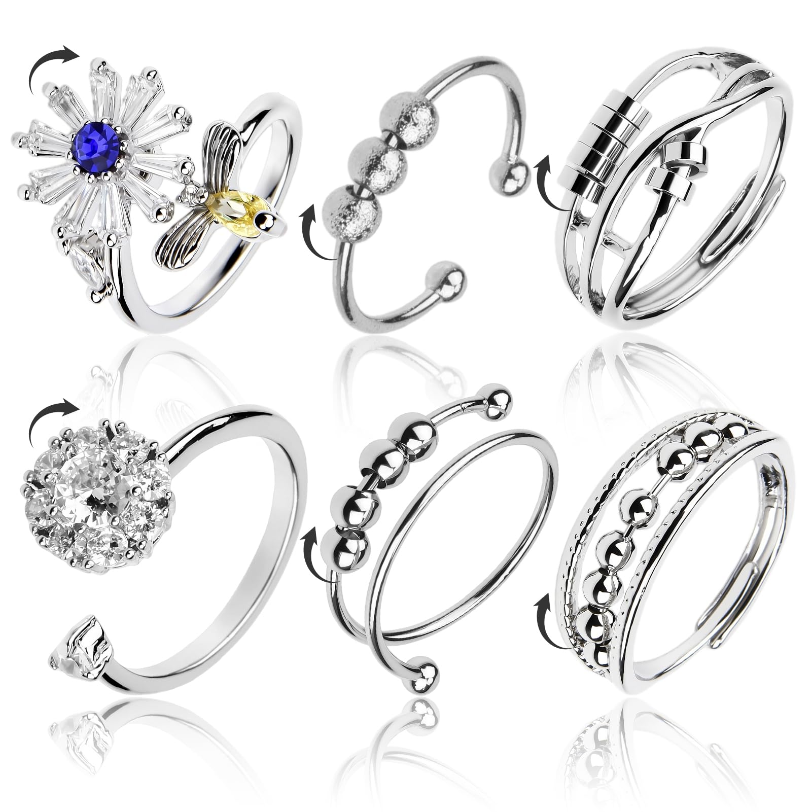6 Pcs Adjustable Fidget Rings with Beads,Silver Stainless Steel Anti Ring Spinning,Anti-Worry Spinner Bead Rings,Open Adjustable Cubic Zirconia Ring,for Women Anxiety Relieving Stress