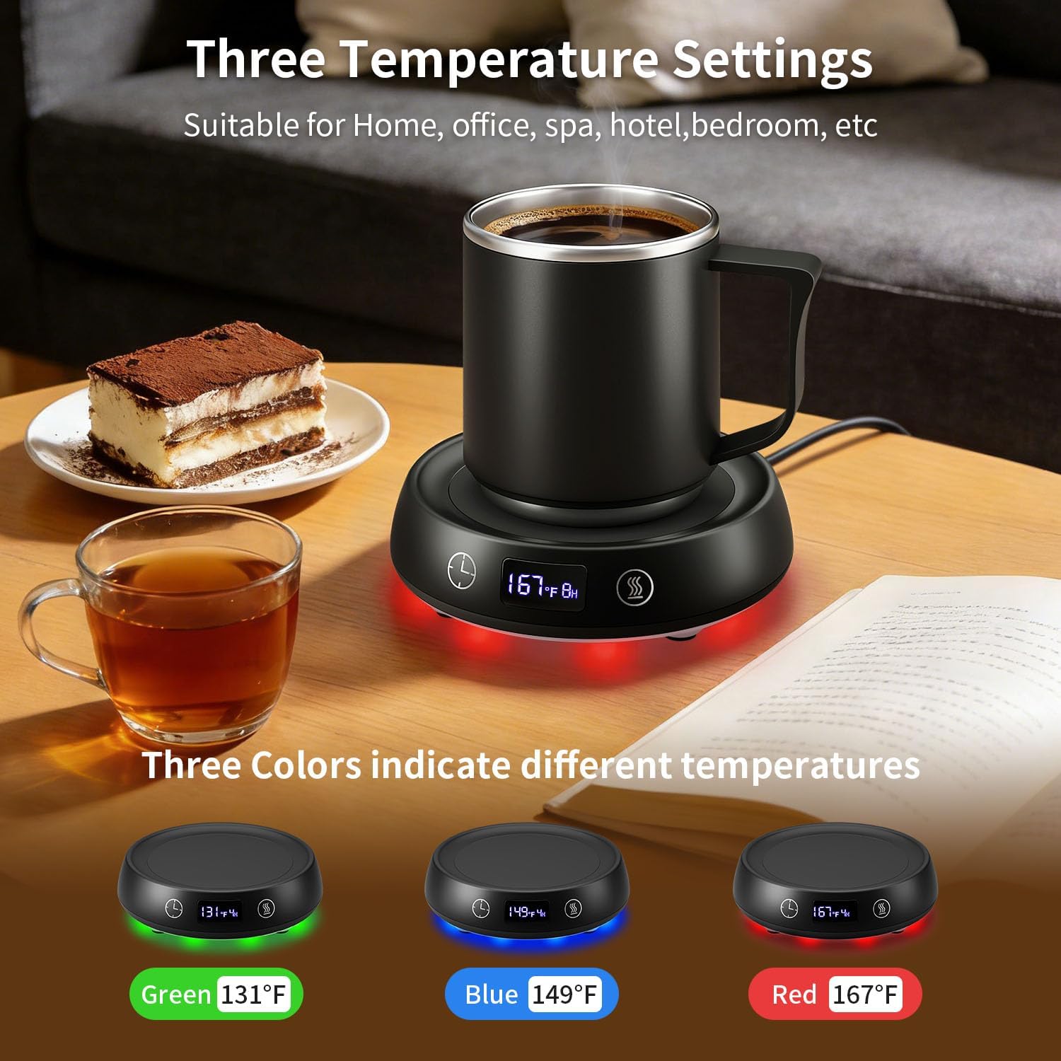 Coffee Mug Warmer & Mug Set, Electric Beverage Cup Warmer for Desk, Candle Warmer Plate with Delay Start Timer, 3 Colored Light Milk Tea Water Warmer for Home Office Birthday Present