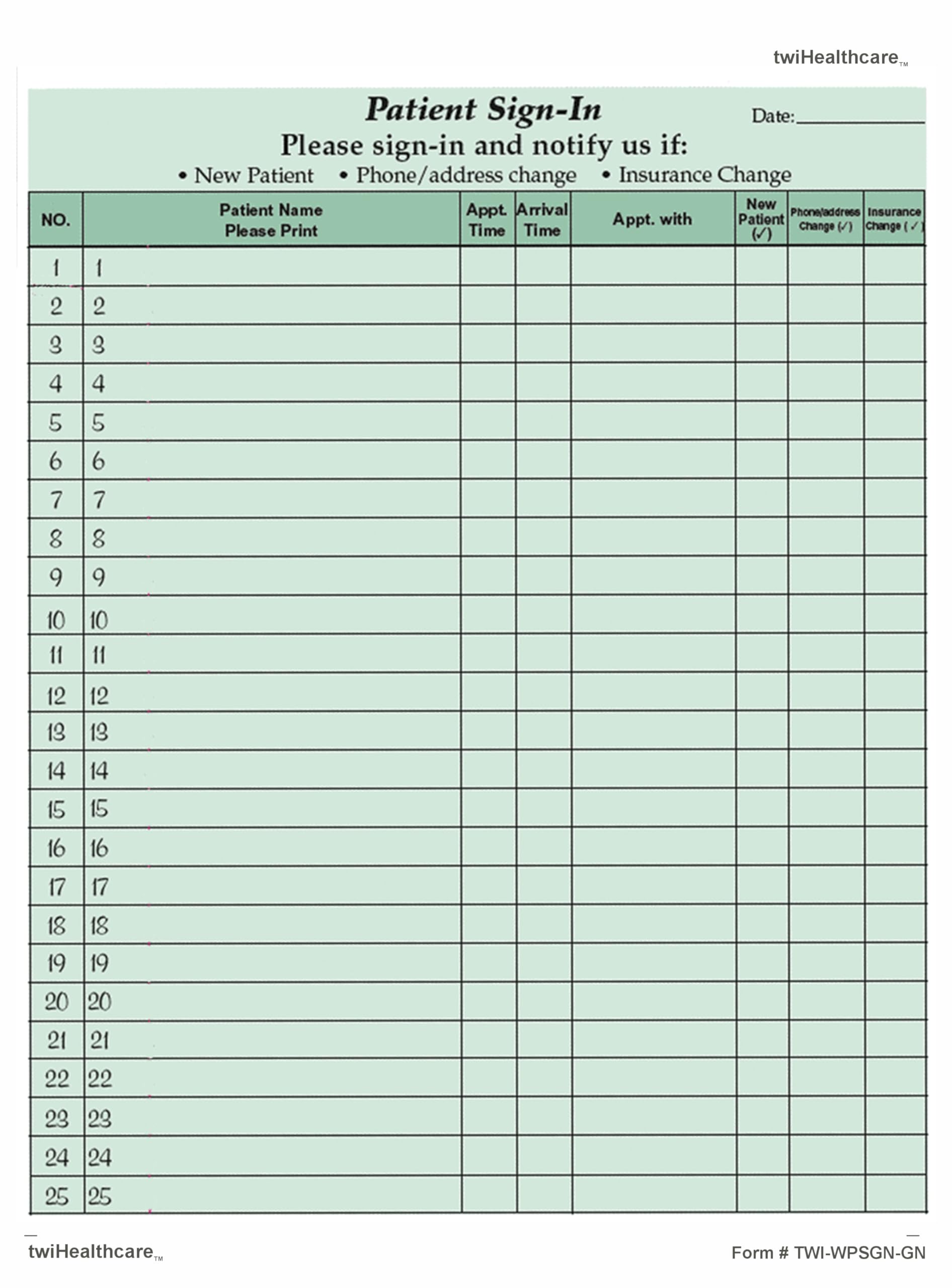 twihealthcare Patient Sign-in Sheets, 8-1/2" X 11" (Green) Carbonless Form (Lot of 125 Sheets) HIPAA Compliant