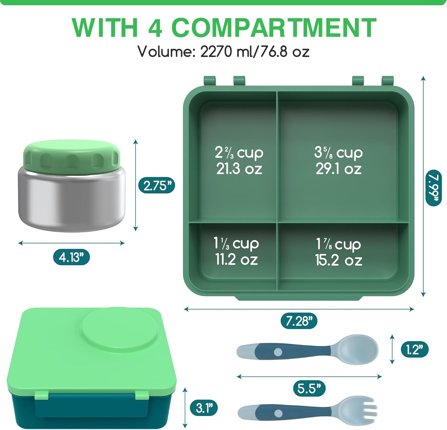 Bento Box for Kids - Leak-Proof Bento Lunch Box with Insulated Thermos Food Jar - 4 Compartments, 1 Removable Divider, 1Spoon, 1 Fork - Dishwasher Safe, BPA-Free (Green)
