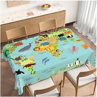 World Map Table Covers Cartoon Safari Animal World Map Heavy Weight Tablecloth Picnic Table Cloth for Kitchen Dinning Tabletop Outdoor BBQ Buffet Rectangle 52x70 Inch