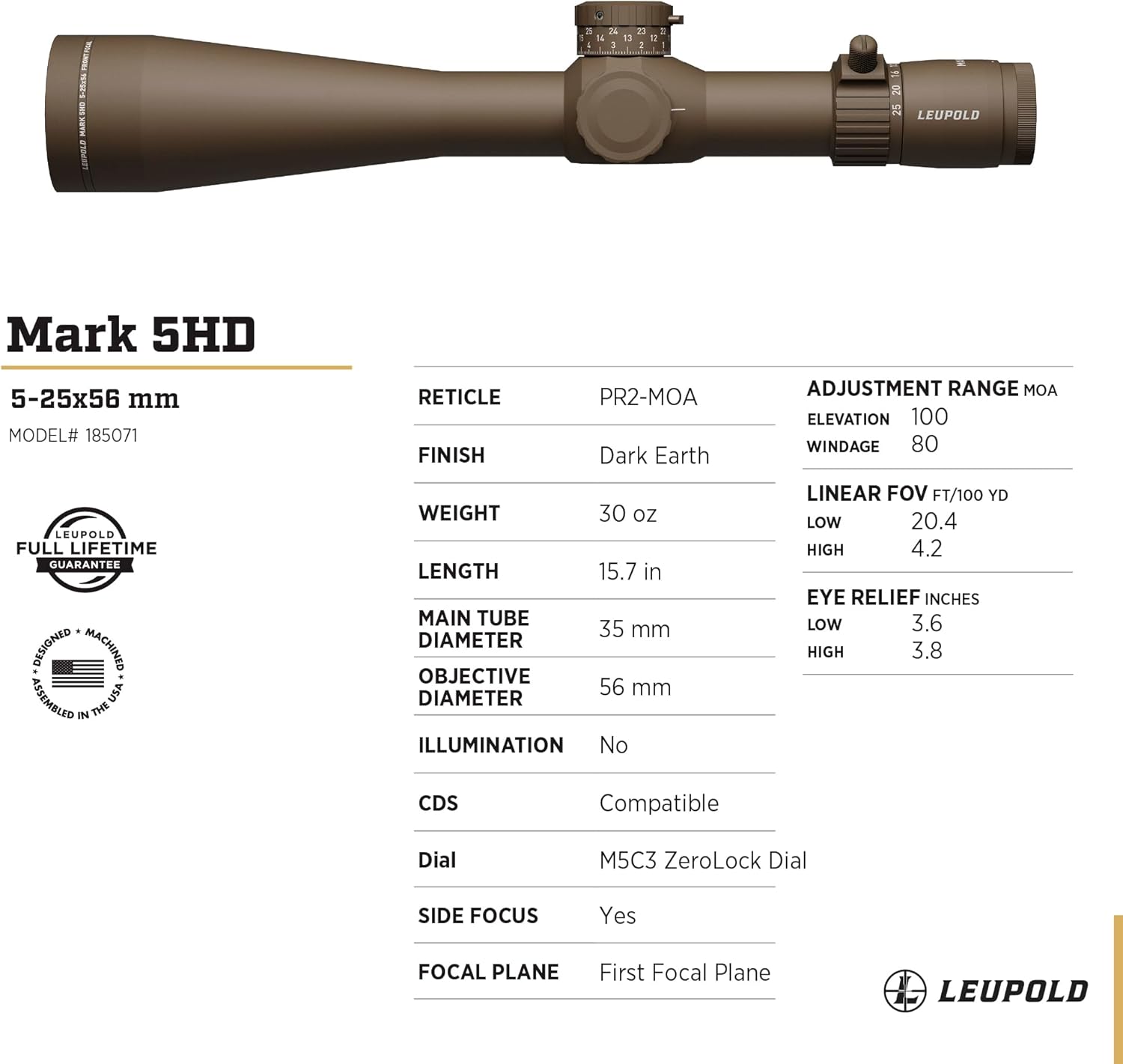 Leupold Mark 5HD 5-25x56 (35mm) M5C3 FFP Riflescope