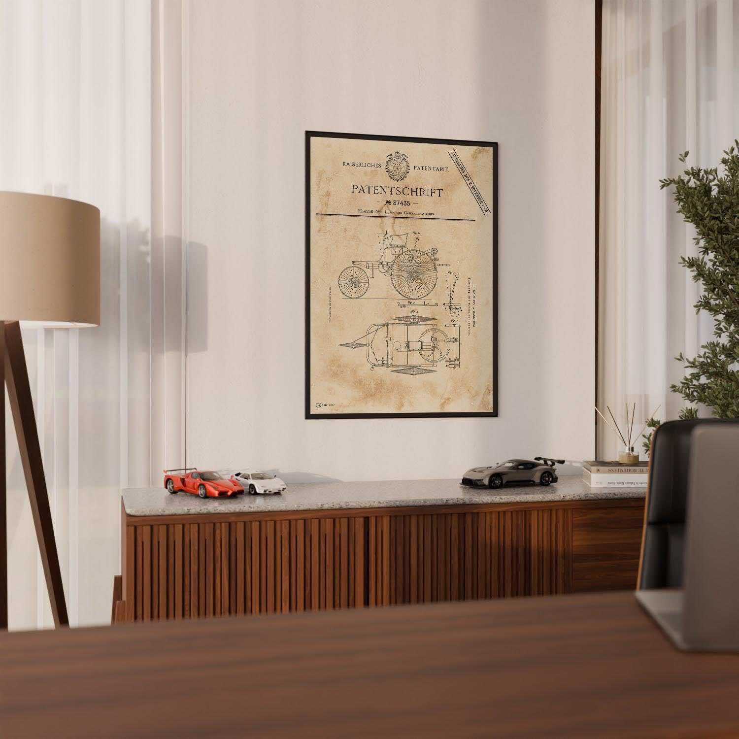 Cartistry Patent Poster Carl Benz (70x50cm, Holzrahmen Schwarz) | Patent Zeichnung, Poster Vintage, Geschenk für Männer und Autoliebhaber