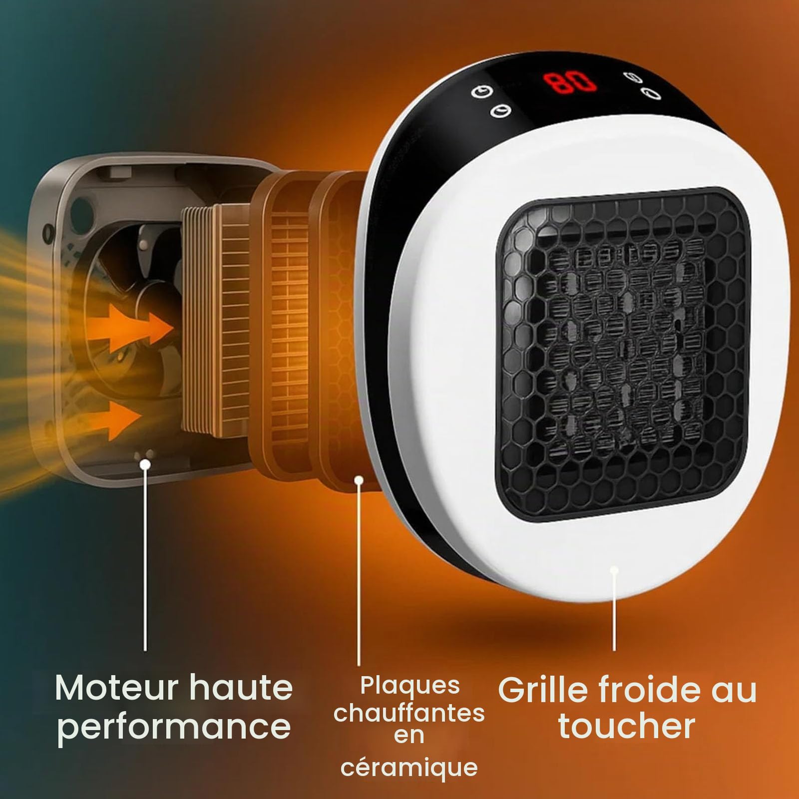 Réfacteur portable Lunaheater - chaleur en céramique instantanée en 30 secondes, mini radiateur d'espace 600 W avec bougie rotative, thermostat réglable, affichage LED et télécommande (White)