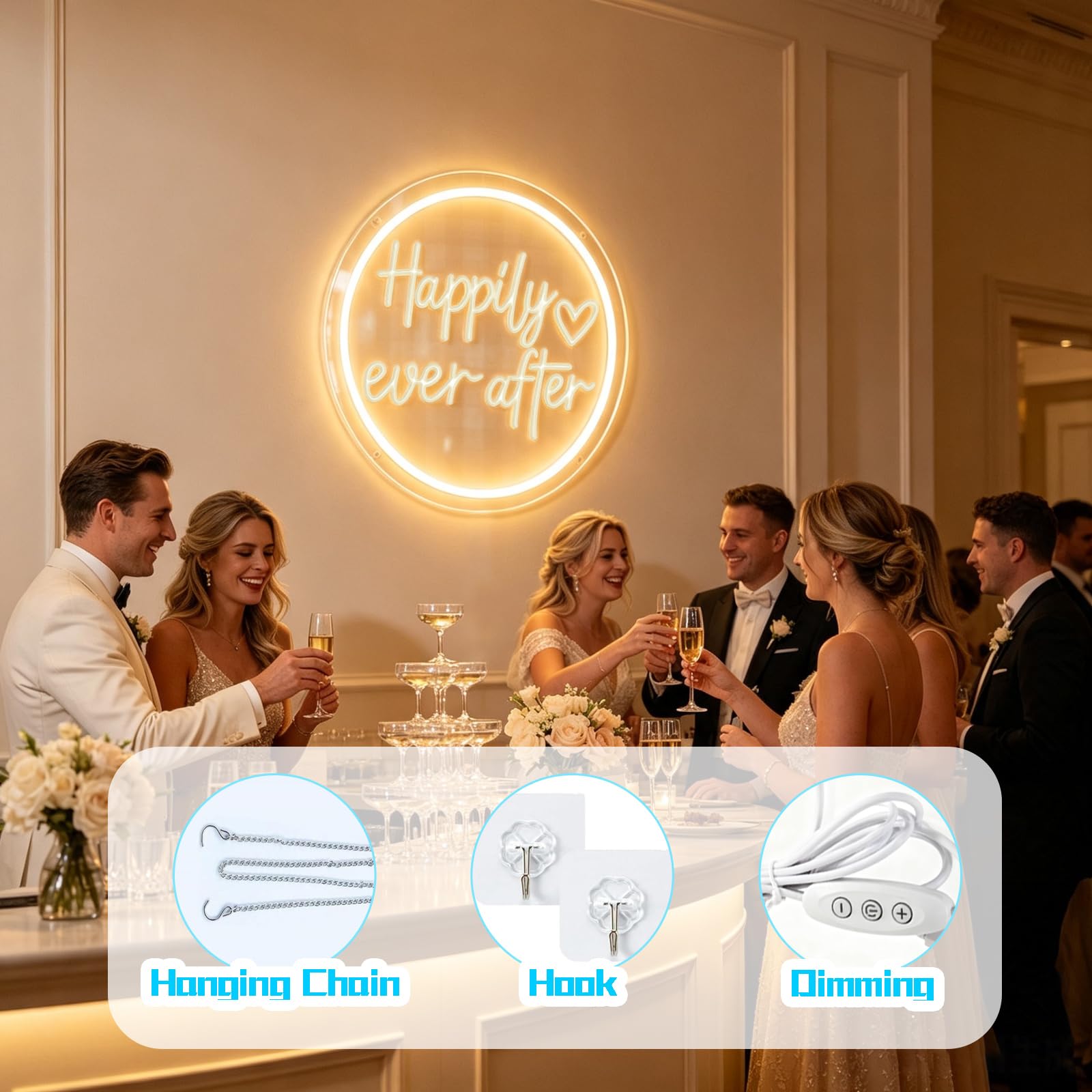 Insegna al Neon a LED Happily Ever After per Decorazione murale, luci al Neon per Matrimoni, insegna a LED dimmerabile alimentata Tramite USB per Fidanzamento, Pasticceria, appar