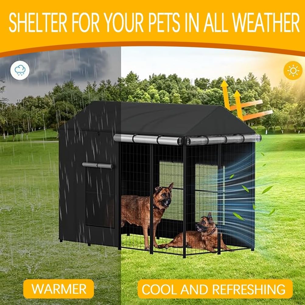 Outdoor Dog Kennel Cover with Roller Shades 600D Heavy-Duty Full Coverage Mesh Windows All Sides Open Universal Windproof UV Resistant Cover Only,Black,6.5×6.5×5.8FT