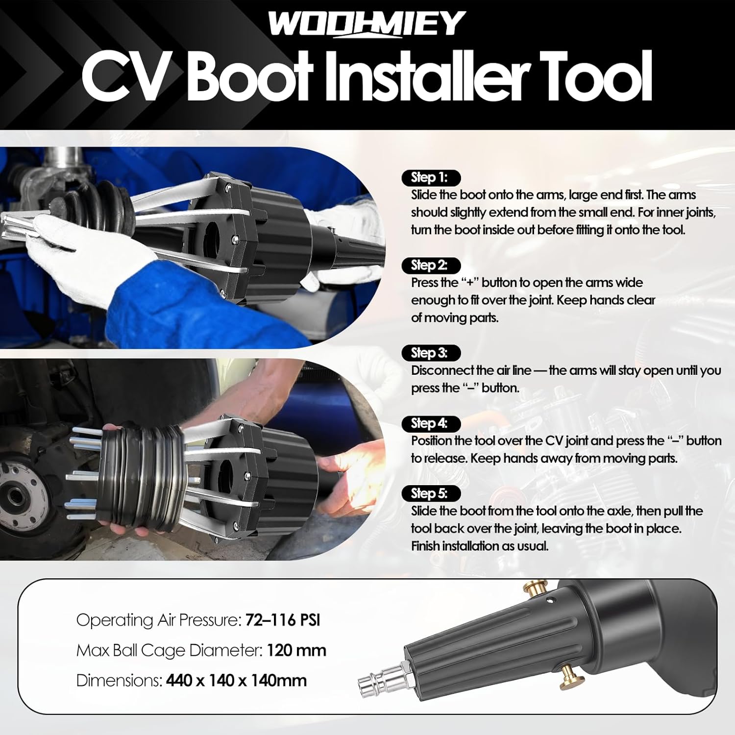 Pneumatic CV Boot Expander Spreader Tool Kit, Installation Removal Repair Kit with 3 Clamp Pliers 15 Pairs Hose Clamp, Universal CV Joint Boot Tool Compatible with ATV UTV (Black)
