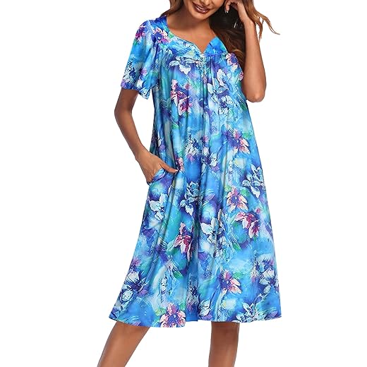 Ekouaer Womens, Nightgown Nightshirt, Short Sleeve, Lounger House Dress-Floral, Mumu Patio Dress with Pockets, Aqua Multi, XX-Large