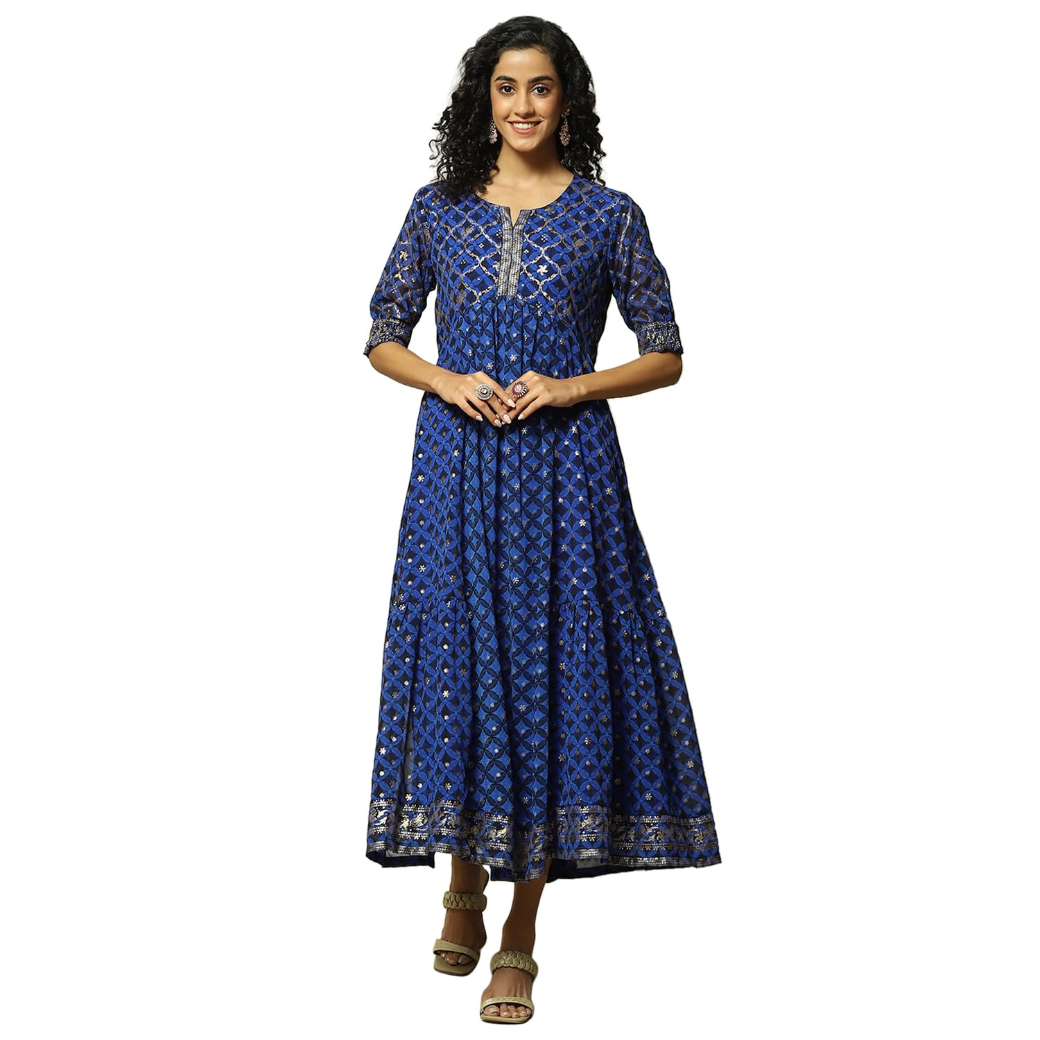 rangriti Coblt Blue Polyester Kalidar Printed Dress for Women-picture-29