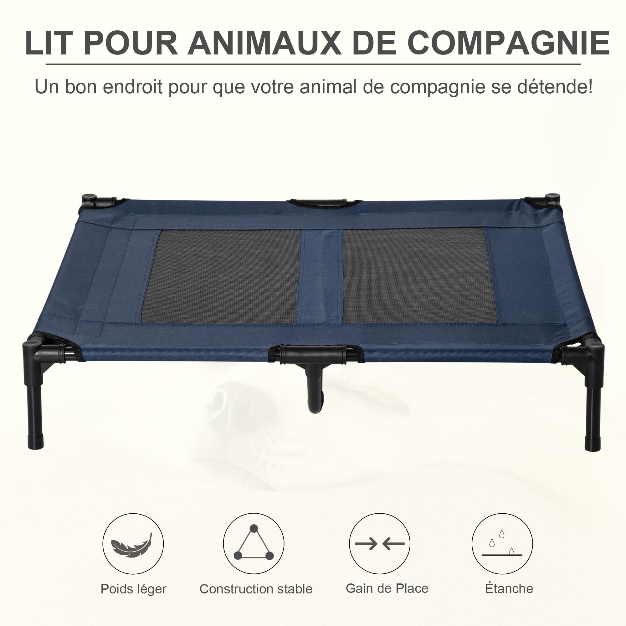 PawHut Lit sur Pieds lit pour Chien Chat lit de Camp lit surélevé Animaux Grand Confort Tissu Oxford textilène Micro-perforé métal 92L x 76l x 18H cm Bleu