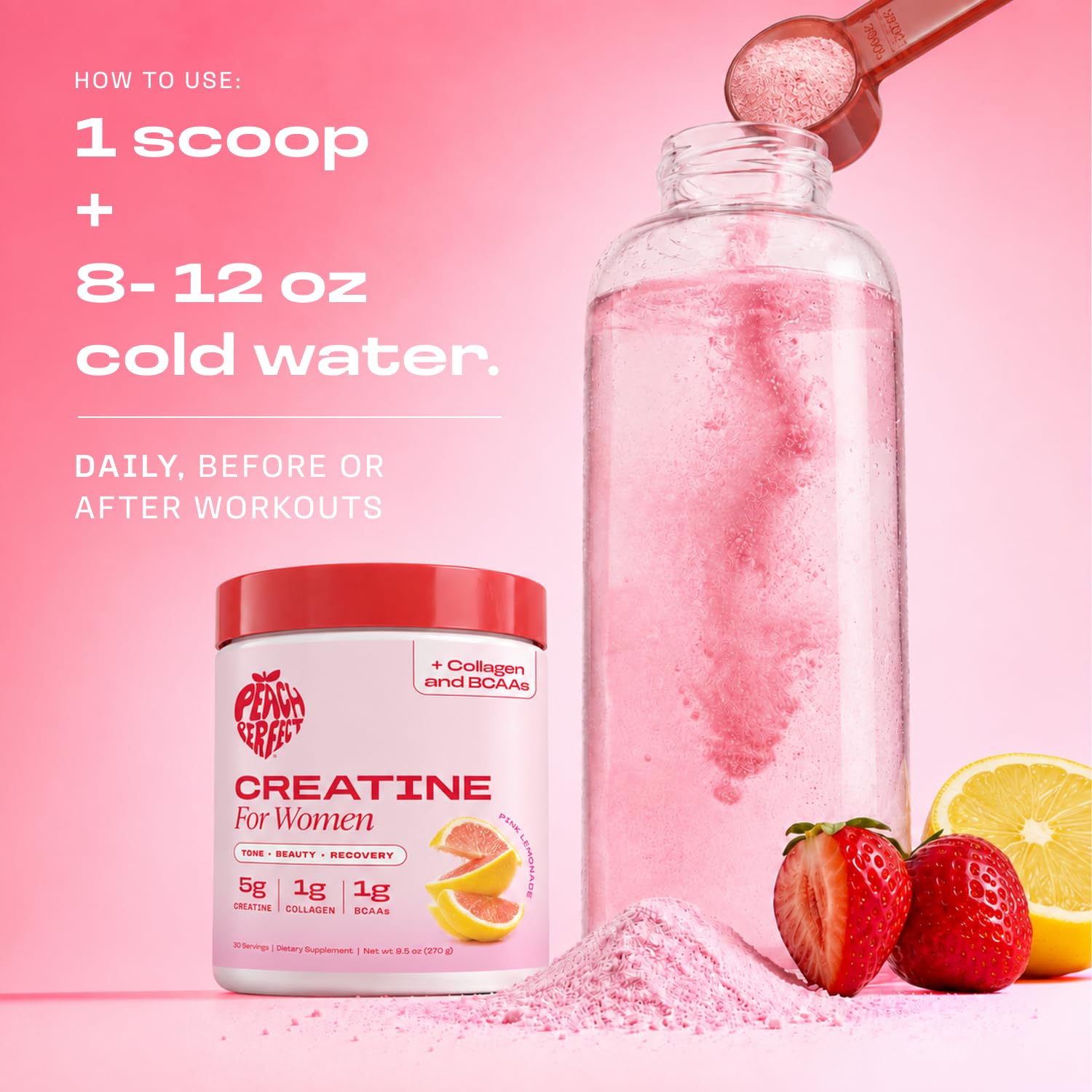 Peach Perfect Creatine for Women – Micronized Creatine Monohydrate Powder with BCAA & Collagen for Glute Strength Support, Boosts Energy, Focus, Strength, and Endurance – Pink Lemonade, 30 Servings — Amazon image 7
