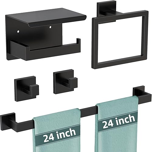 Juego de accesorios de baño de 5 piezas, color negro mate, toalleros de acero inoxidable de 24 pulgadas para baño, juego de toallero, anillo de