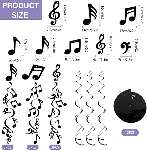 Miniatura 2 de BENBO 84 piezas de notas musicales colgantes, espiral, papel de aluminio musical, decoración de fiesta temática de remolino, notas musicales,