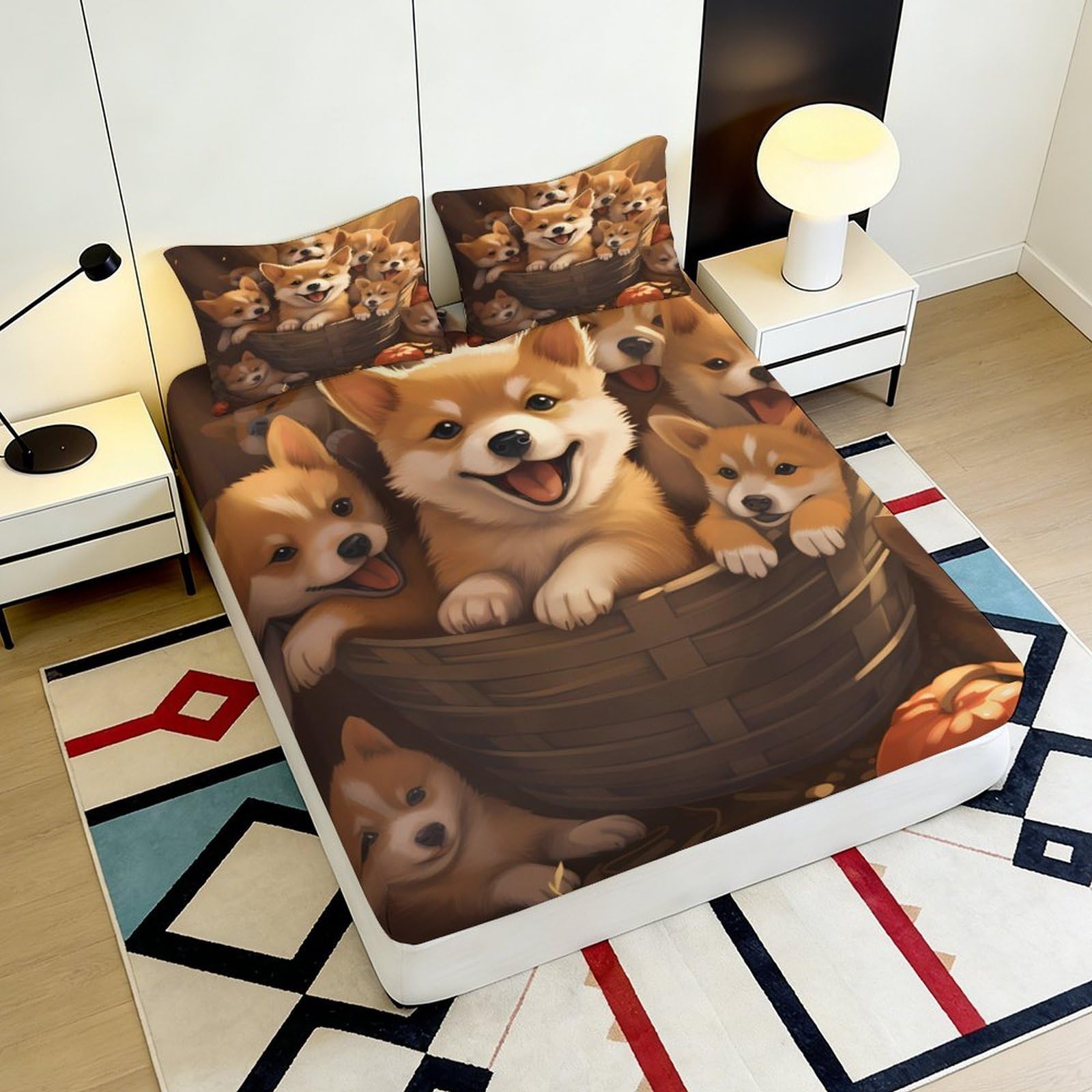 Lenzuolo con angoli con stampa 3D, motivo cani, in microfibra, antiscivolo | Piacevolmente morbido, coprimaterasso, facile da pulire, lavabile tutto l'anno, 180 x 200 x 25 cm